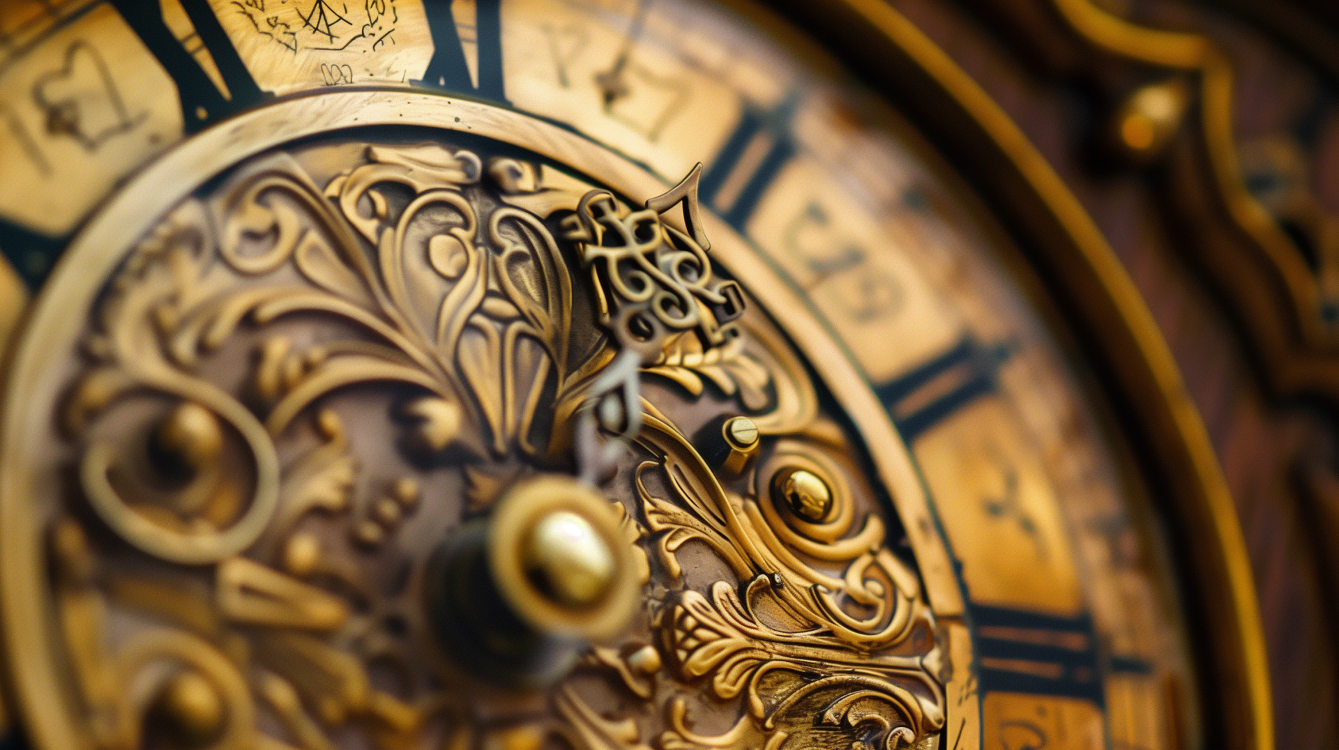 Close-up of an antique clock featuring intricate gold detailing and artistic patterns, serving as a stunning HD desktop wallpaper or background.