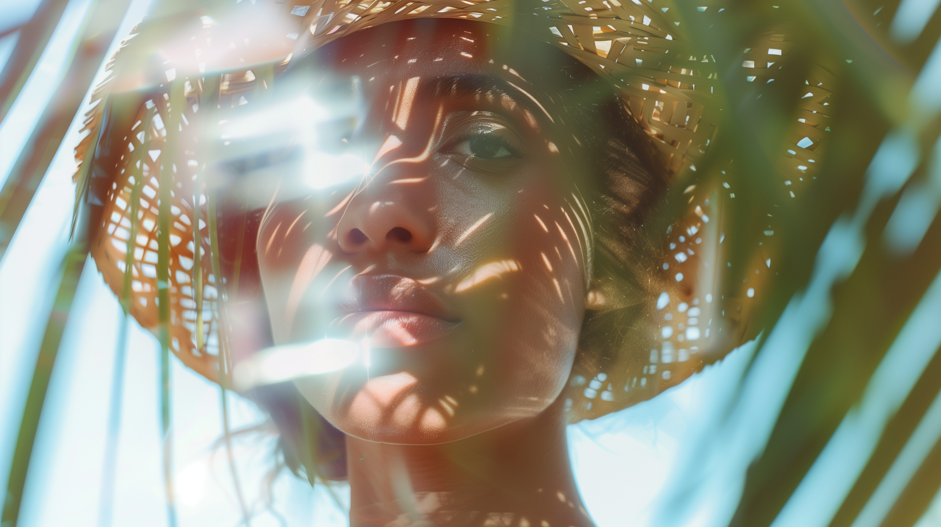 Aesthetic HD wallpaper featuring a woman with a straw hat, captured in soft summer light, surrounded by natural elements, evoking warm, summer vibes.