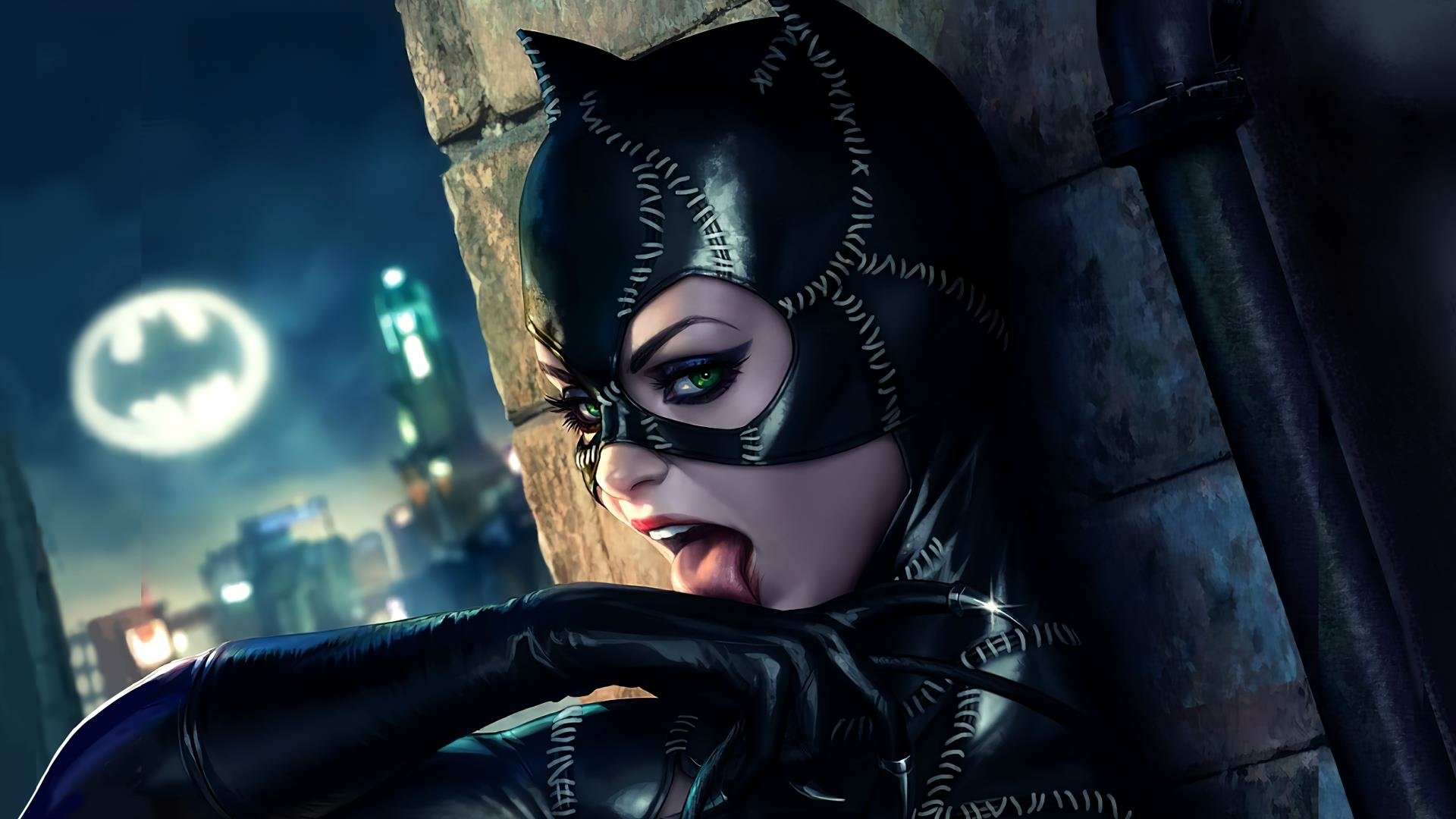 HD PC wallpaper featuring Catwoman in her iconic stitched black suit, rendered in a striking Artgerm style against a Gotham City night backdrop with the Bat-Signal glowing.