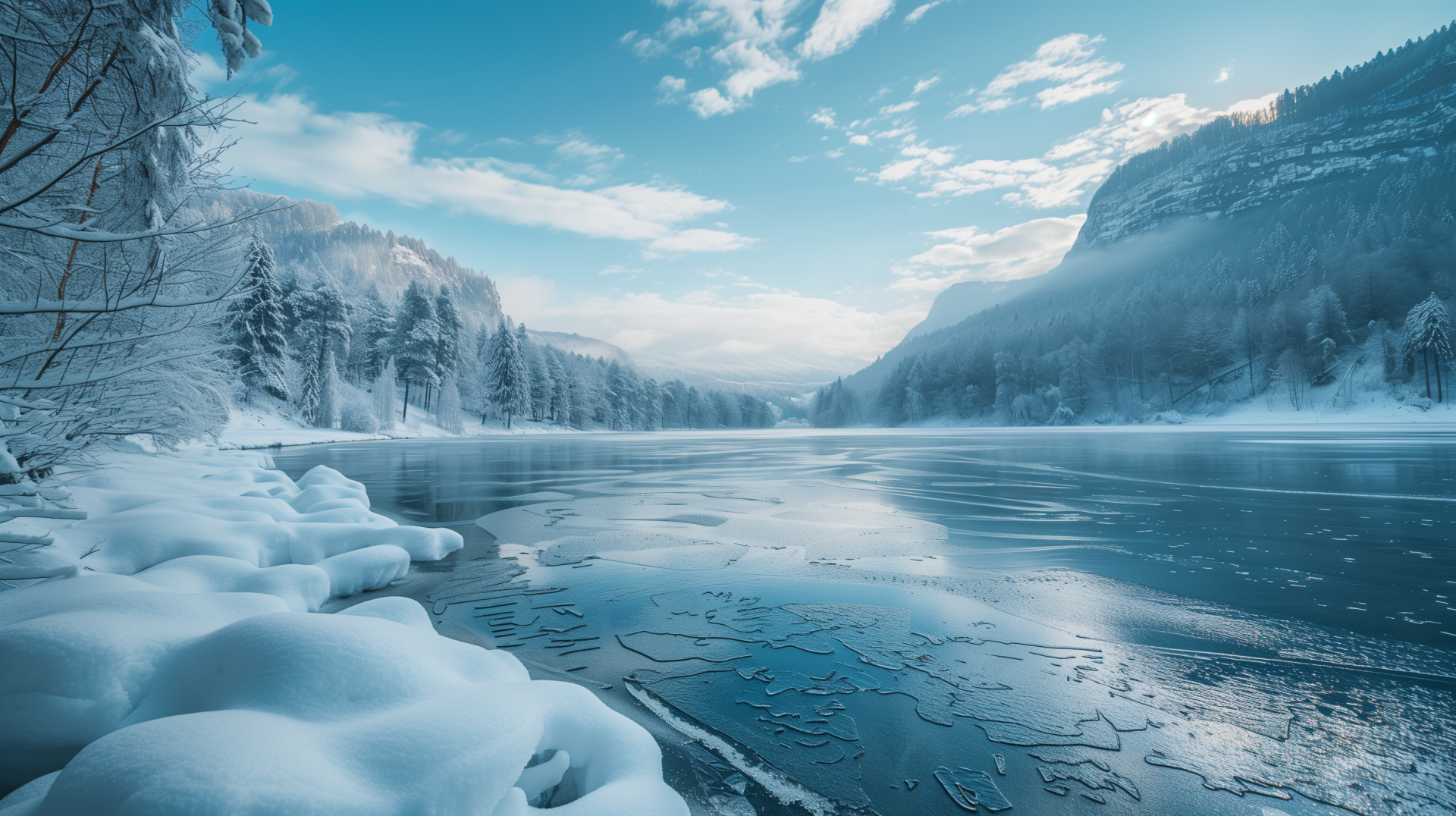 A serene frozen lake reflects the sky above, surrounded by snow-covered mountains, creating a tranquil and picturesque HD desktop wallpaper.