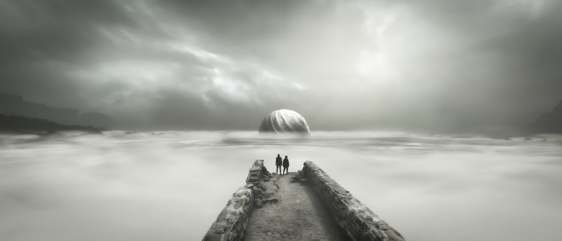 Dark, foggy apocalypse scene from A Plague Tale: Requiem in 4K Ultra HD, featuring two figures standing on a crumbling stone pathway extending into a mist-covered void.