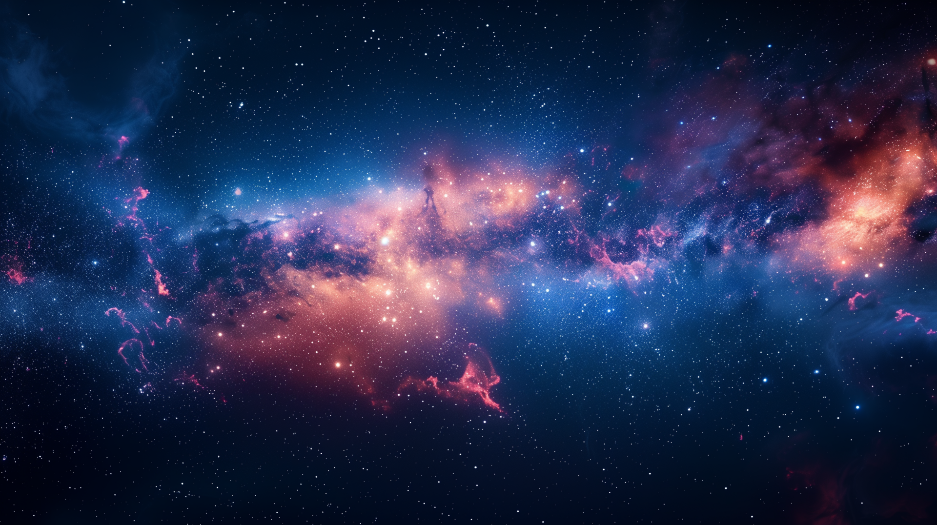 HD PC desktop wallpaper of a vibrant night sky filled with stars and glowing cosmic clouds, showcasing deep blues and bright pinks for a stunning celestial view.