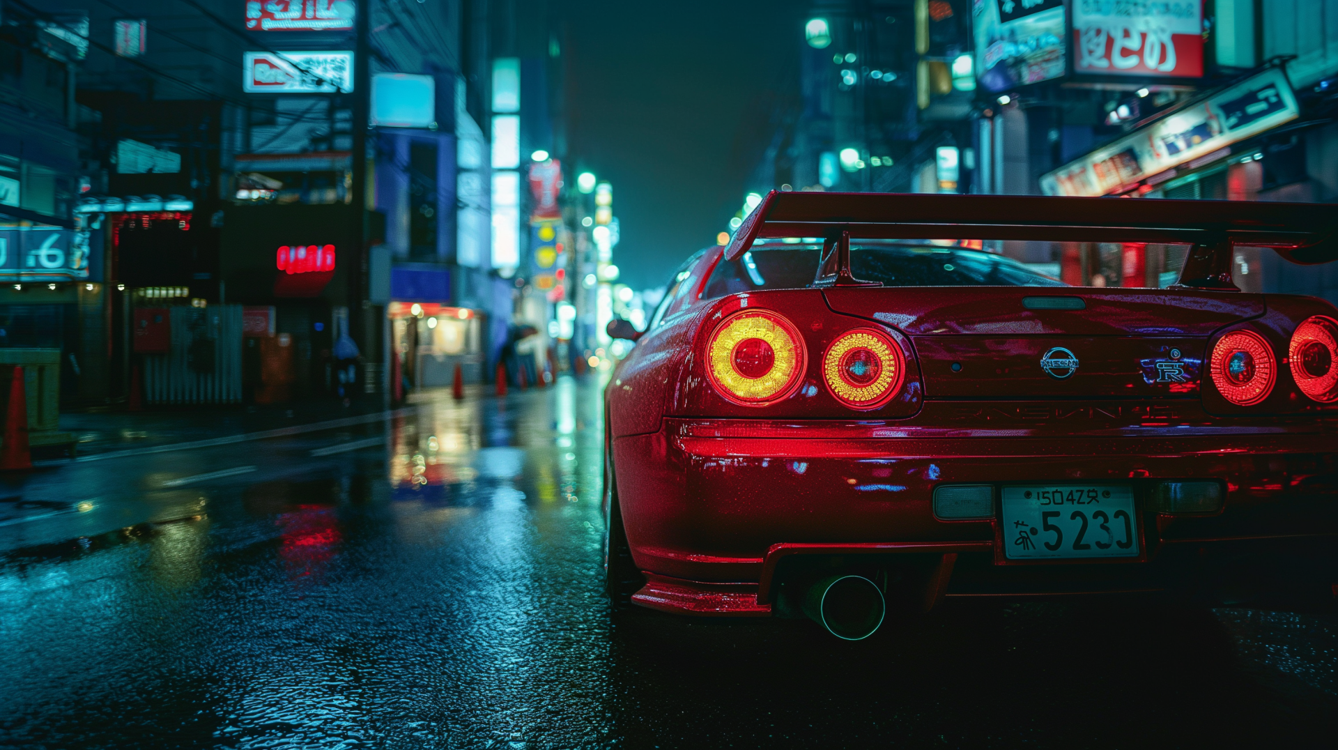 Red Nissan Skyline GT-R parked on a wet city street at night, illuminated by vibrant neon lights, captured in HD for a dynamic PC desktop wallpaper.