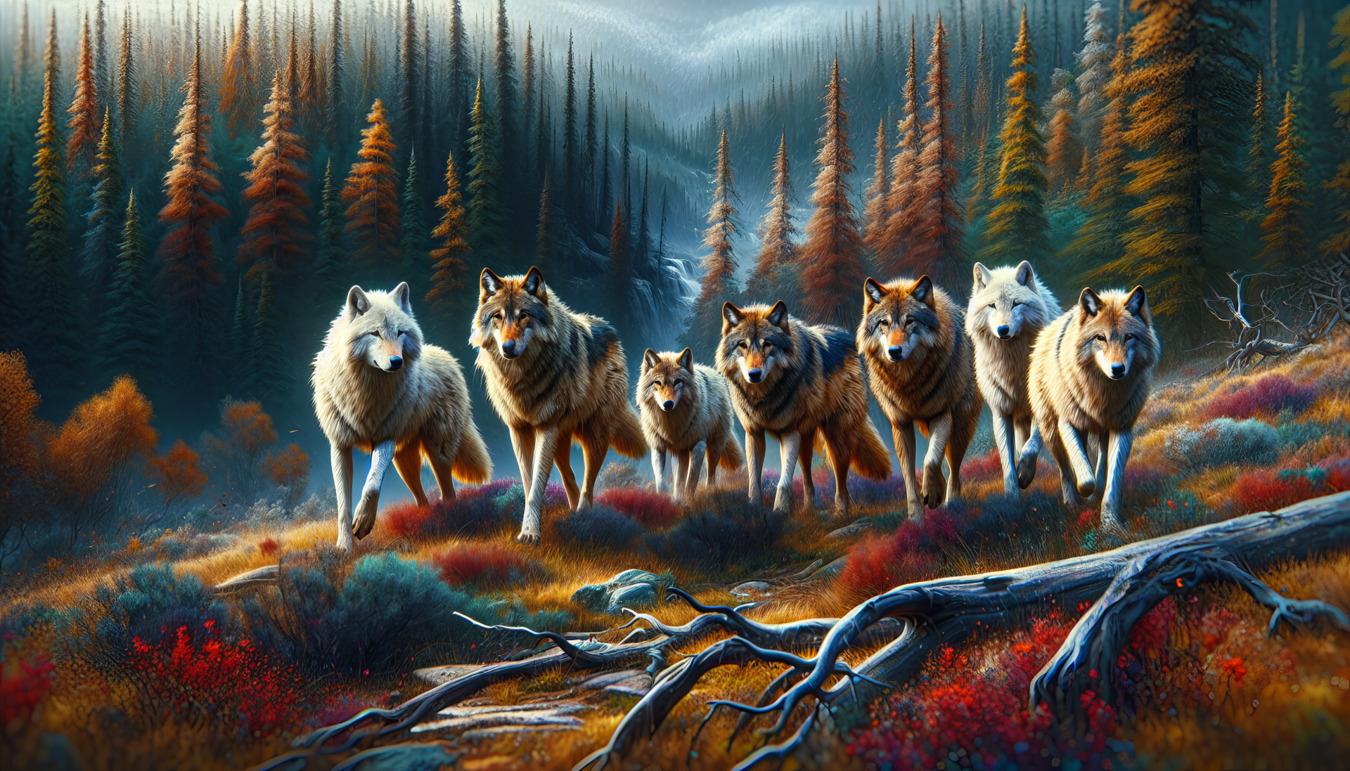 A striking HD desktop wallpaper featuring a wolf pack walking through a vibrant forest landscape, showcasing the beauty and strength of these majestic animals.
