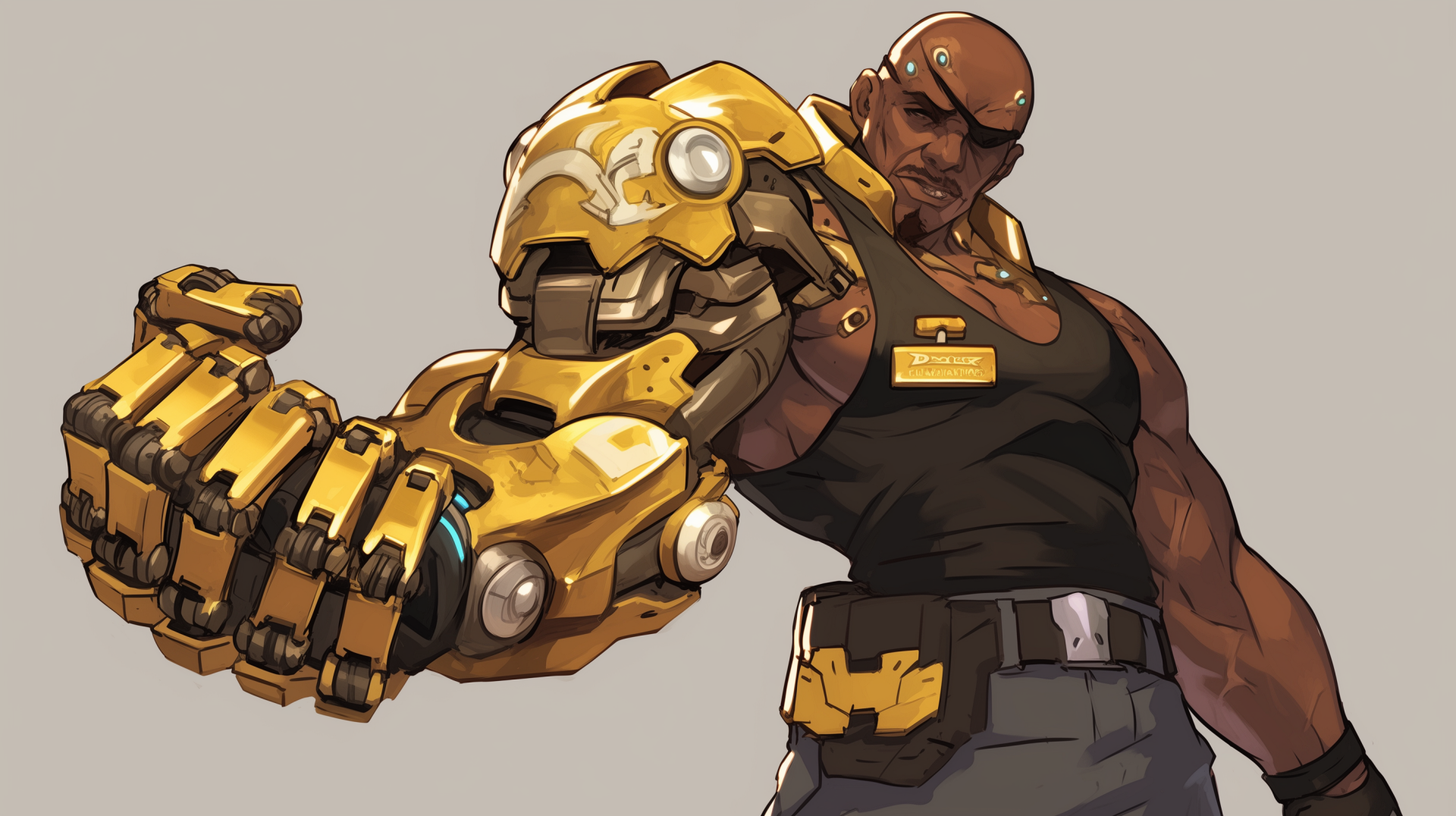 A high-definition desktop wallpaper featuring Doomfist from Overwatch, showcasing his powerful golden robotic arm and confident stance against a neutral background.