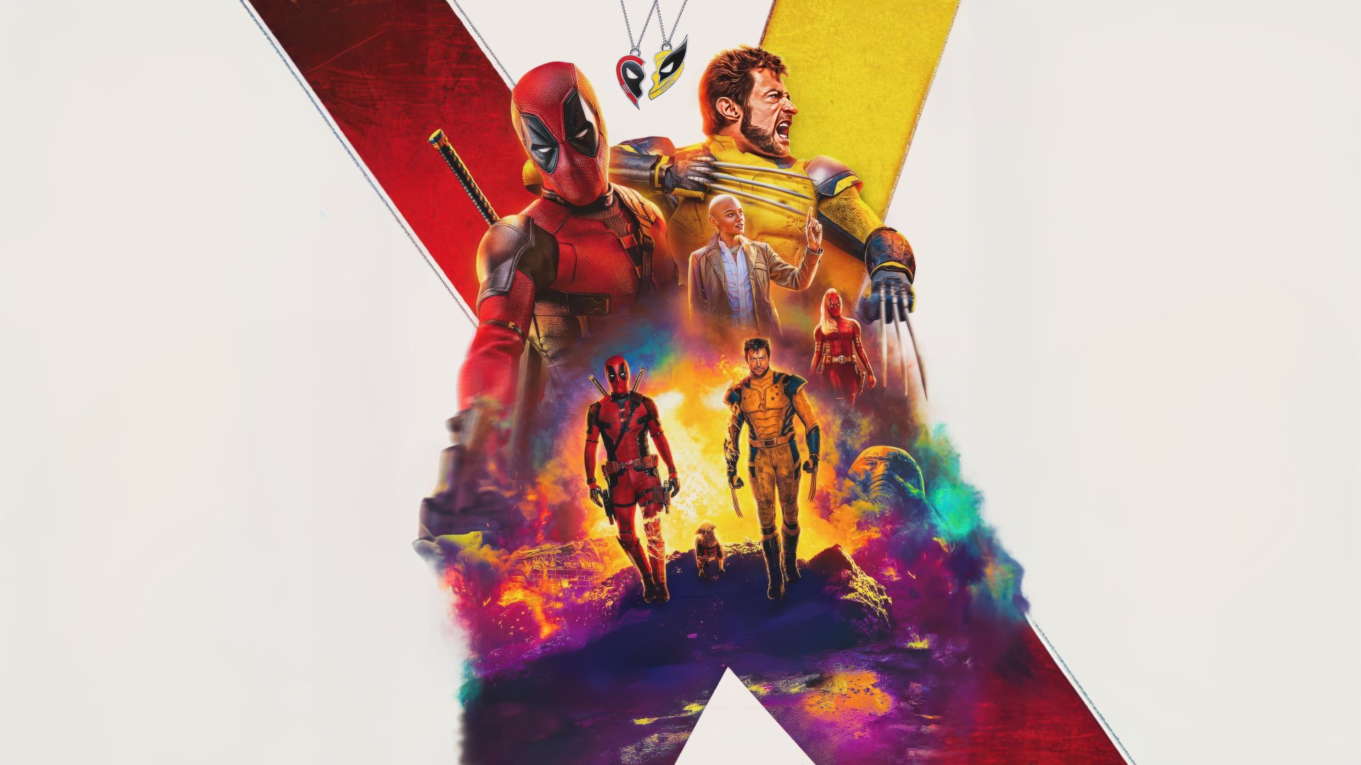 A vibrant 4K Ultra HD desktop wallpaper featuring Deadpool and Wolverine amidst dramatic colors and iconic characters, showcasing their dynamic partnership in an action-packed setting.
