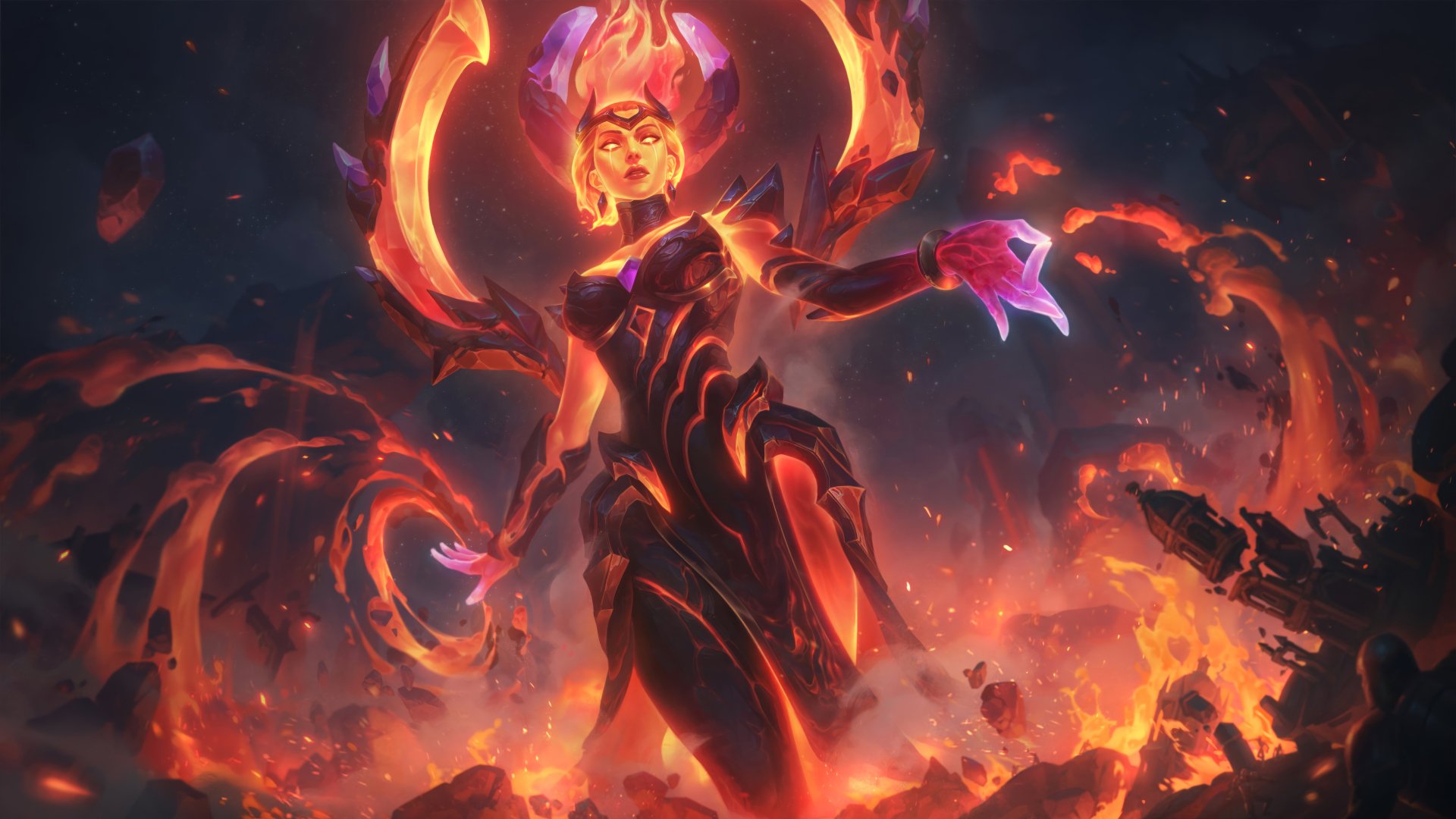 HD wallpaper featuring Karma from League of Legends, surrounded by fiery elements, showcasing her powerful presence in a dramatic, vibrant setting.