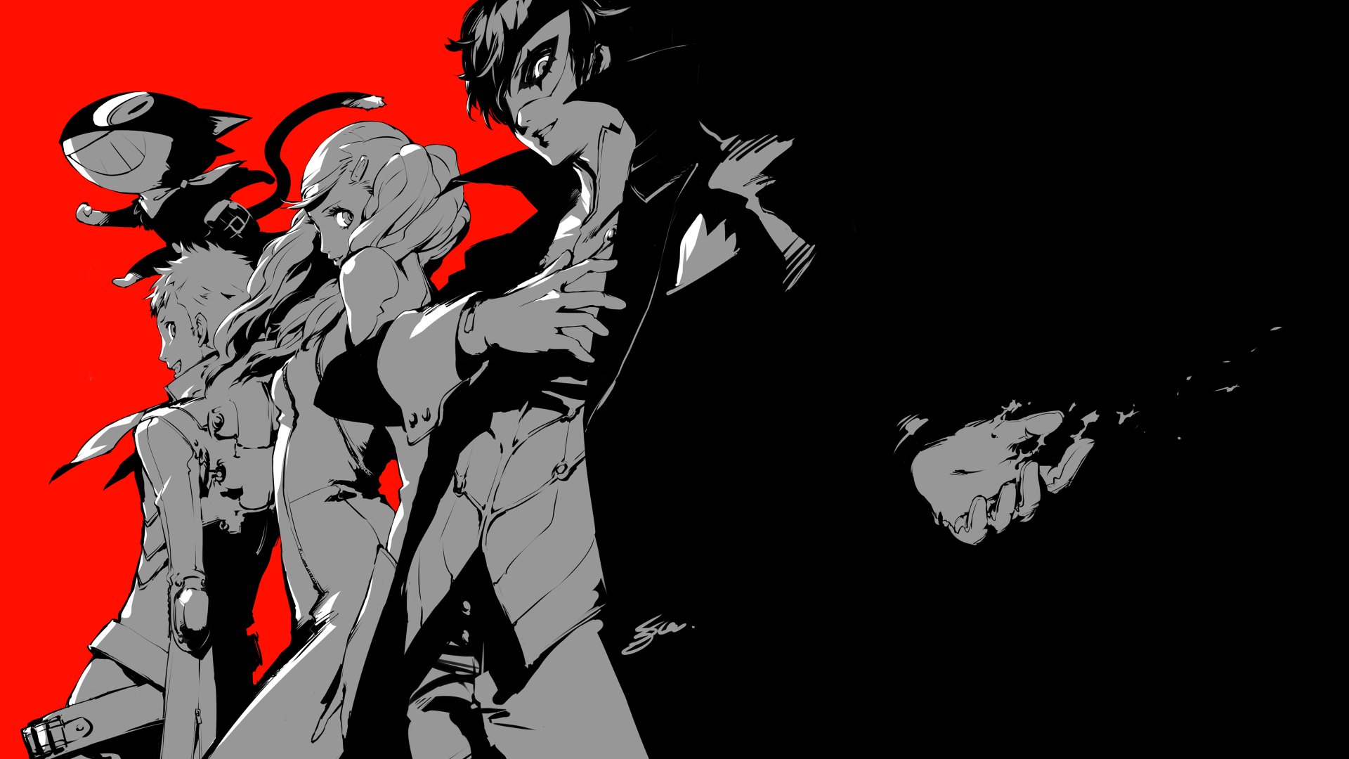 Persona 5 Royal 4K Ultra HD PC desktop wallpaper: stylized black-and-red illustration of masked Phantom Thieves in sleek costumes, high-contrast silhouettes against a split red and black background.