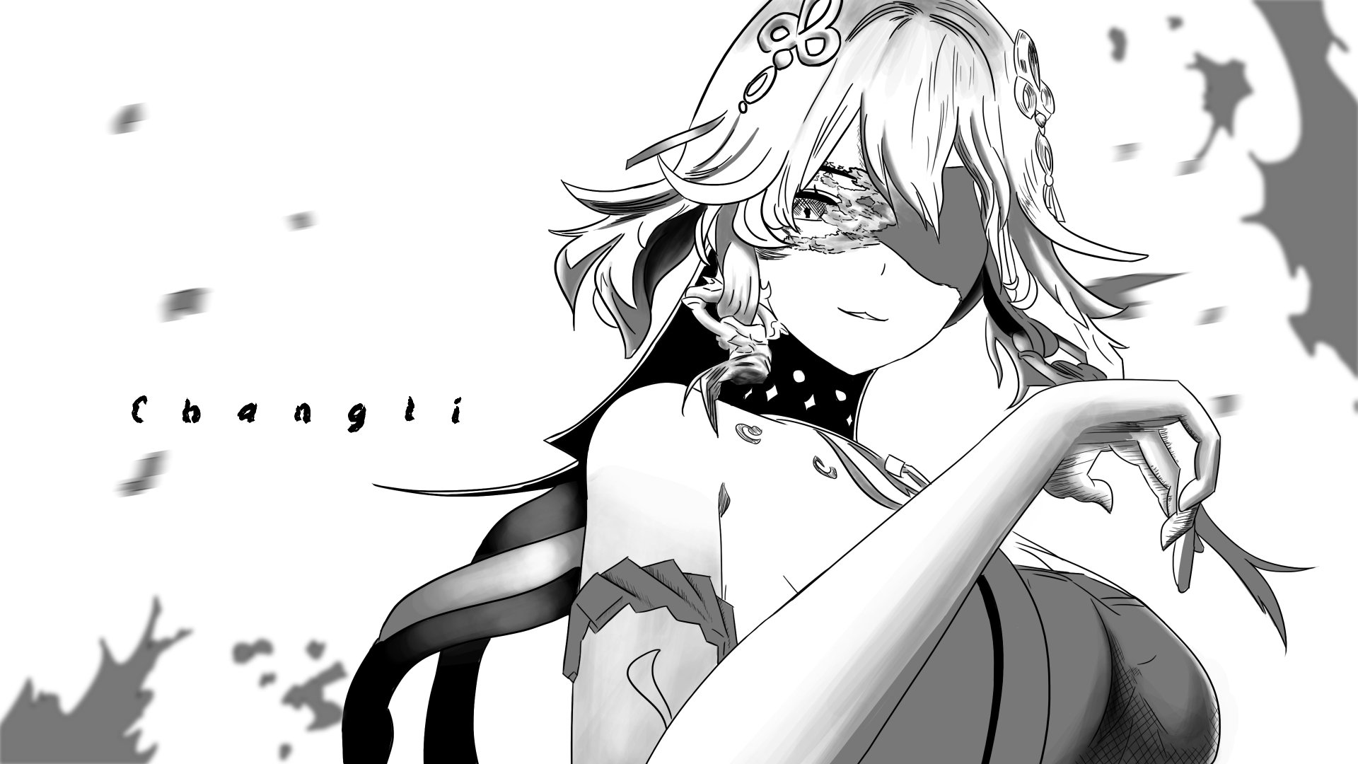 High-resolution 4K Ultra HD desktop wallpaper featuring Changli, a character from the video game Wuthering Waves, in a dynamic black-and-white design.