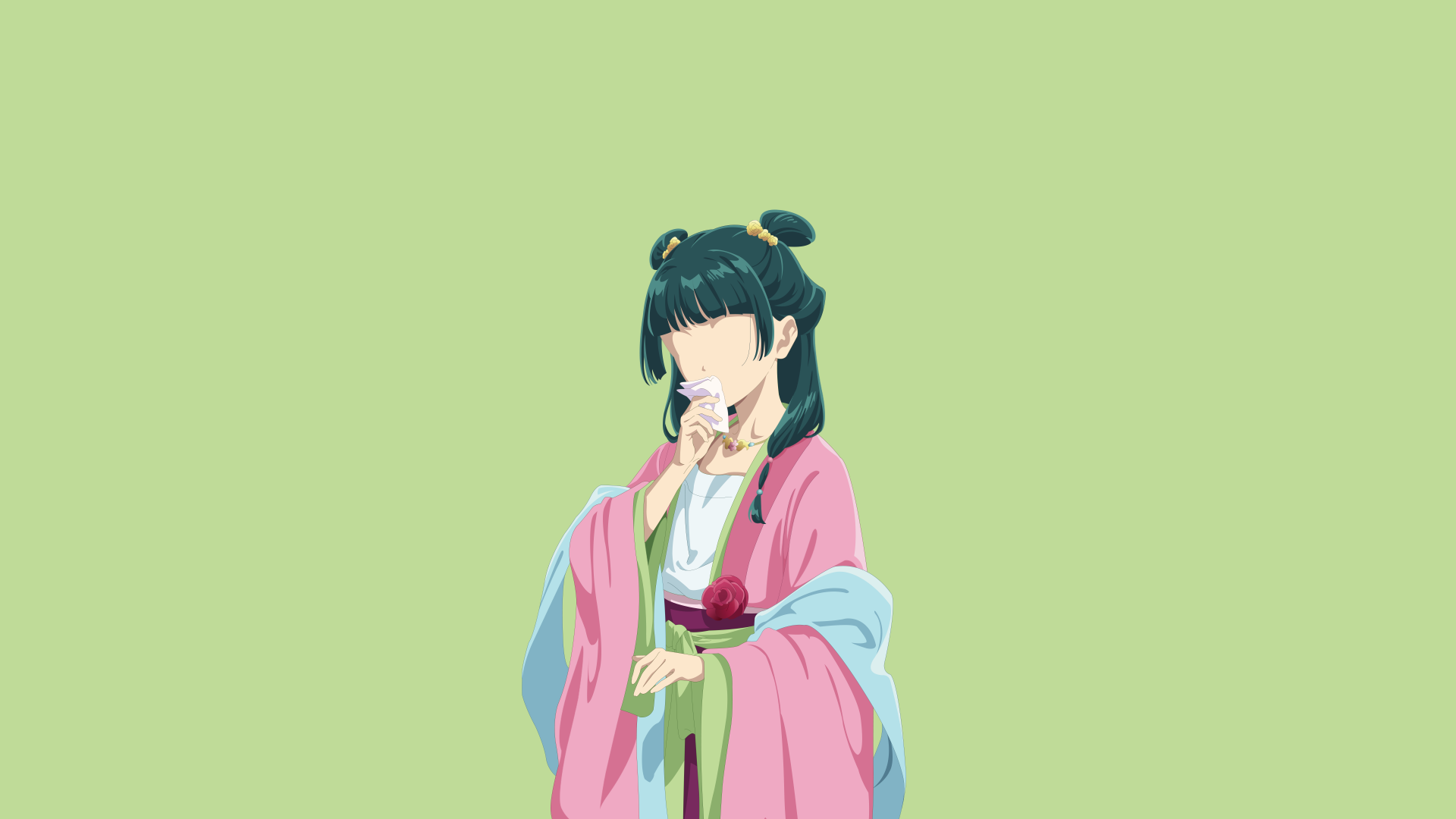 Anime-style 4K Ultra HD wallpaper featuring Maomao from The Apothecary Diaries, dressed in traditional attire against a soft green background.