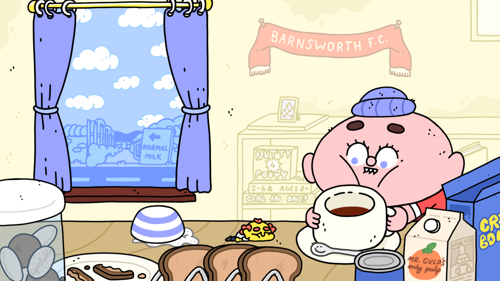 A captivating HD desktop wallpaper featuring elements from the video game Thank Goodness You're Here! adds vibrancy and excitement to your gaming space.