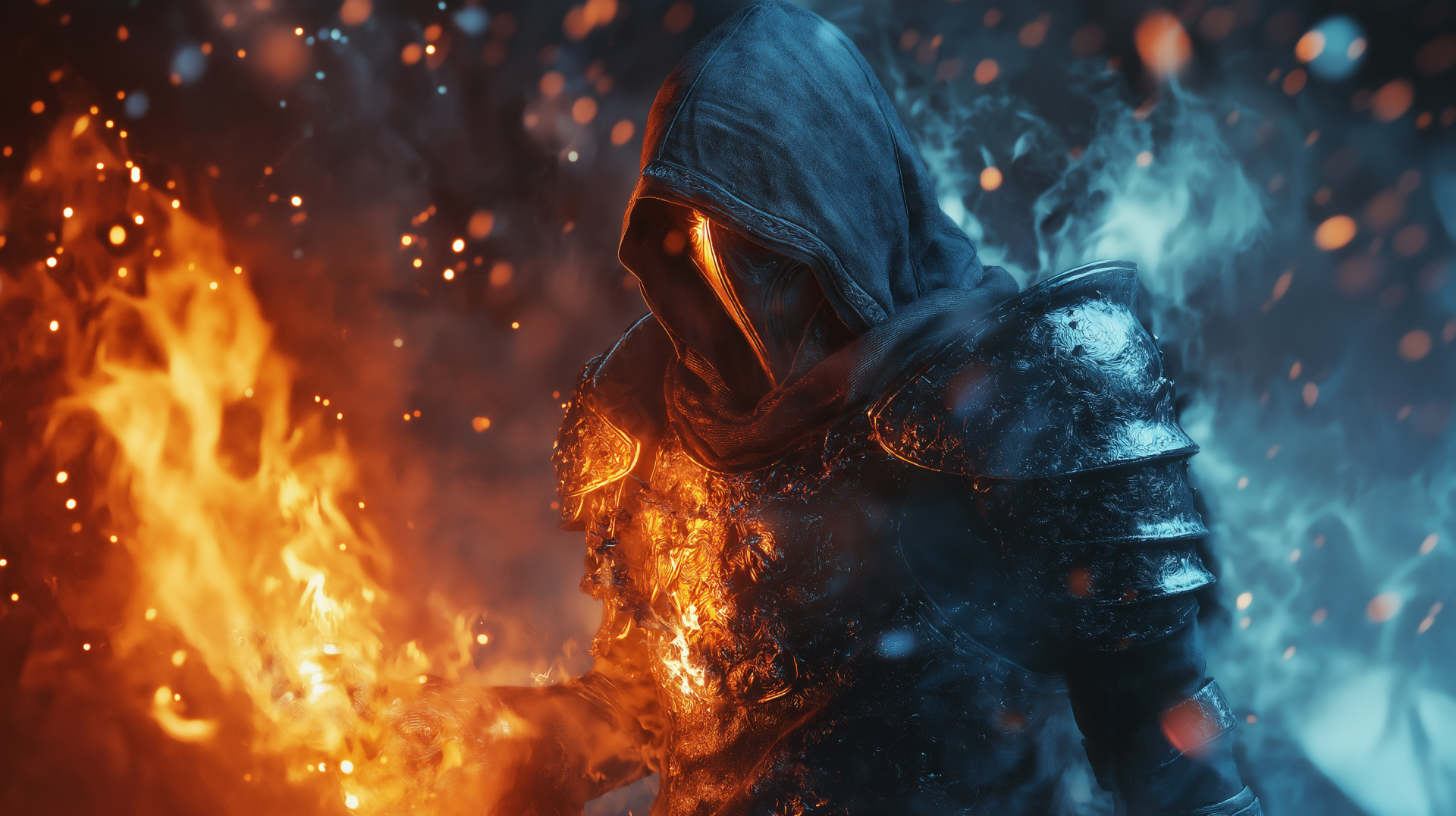 Dark fantasy PC wallpaper featuring a hooded warrior mage engulfed in flames, blending fire and shadow for a striking fantasy warrior scene.