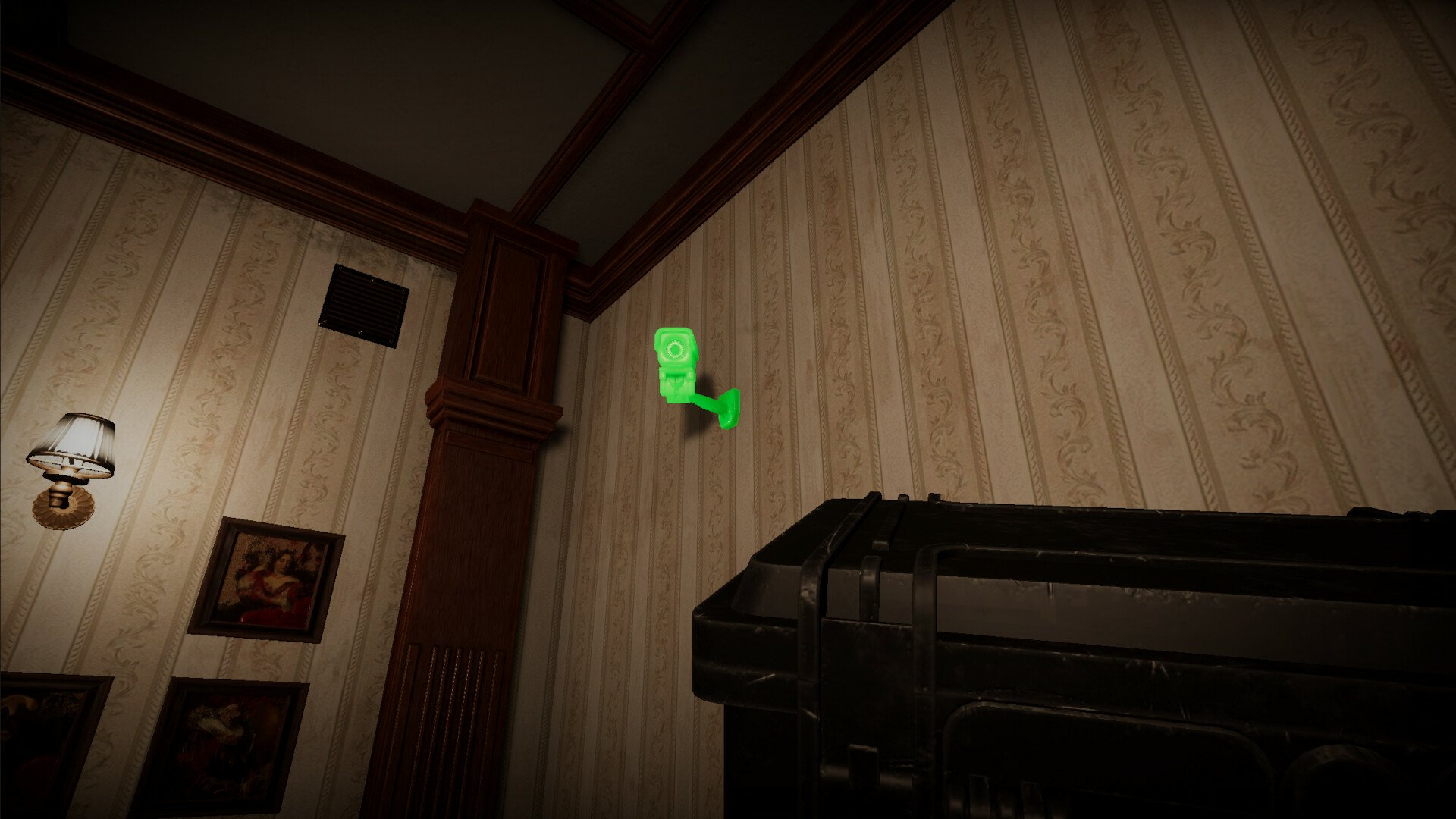 A vibrant HD desktop wallpaper from the video game DEATHWATCHERS, featuring a green floating object against a detailed wall and a dark weapon, creating an atmospheric scene.