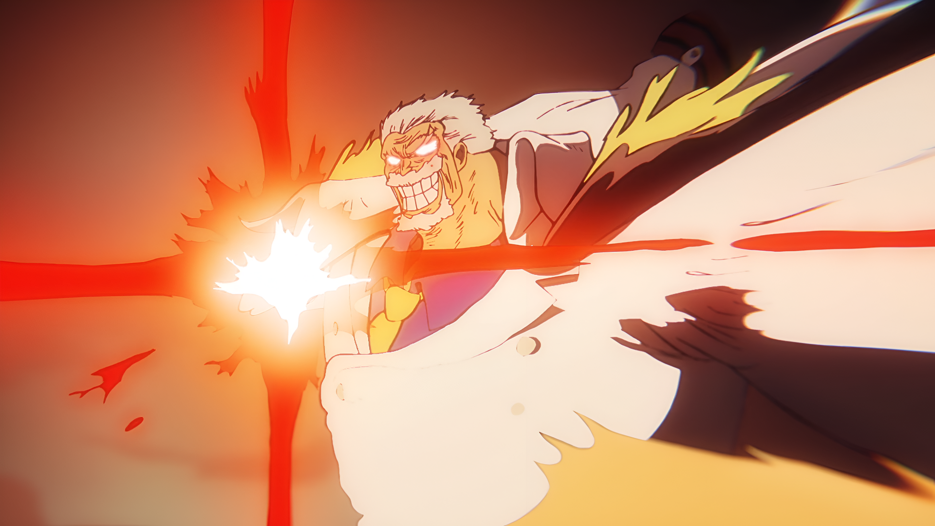 Anime-style 4K Ultra HD wallpaper featuring Monkey D. Garp from One Piece unleashing a powerful punch with intense energy and dynamic motion.