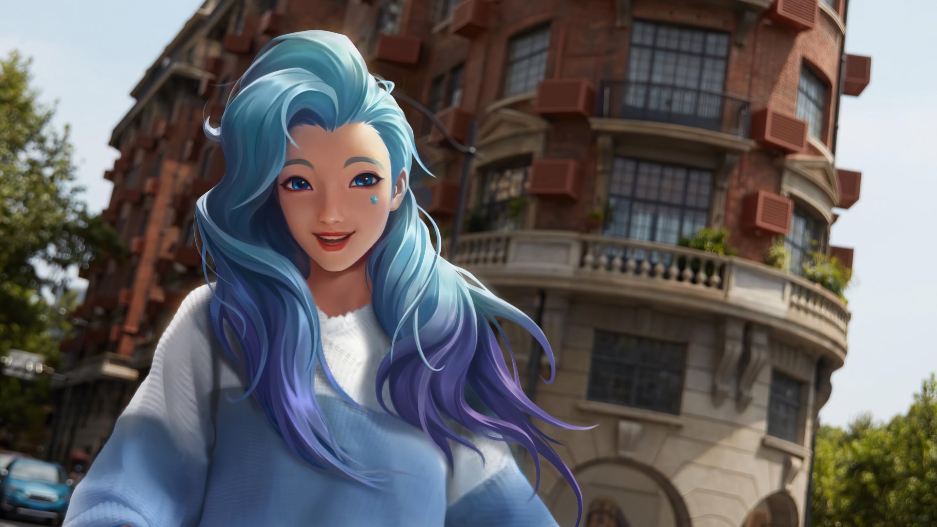 HD desktop wallpaper of Seraphine from League of Legends, featuring her K/DA skin, vibrant colors, and dynamic design, reflects the energetic style of the popular video game.