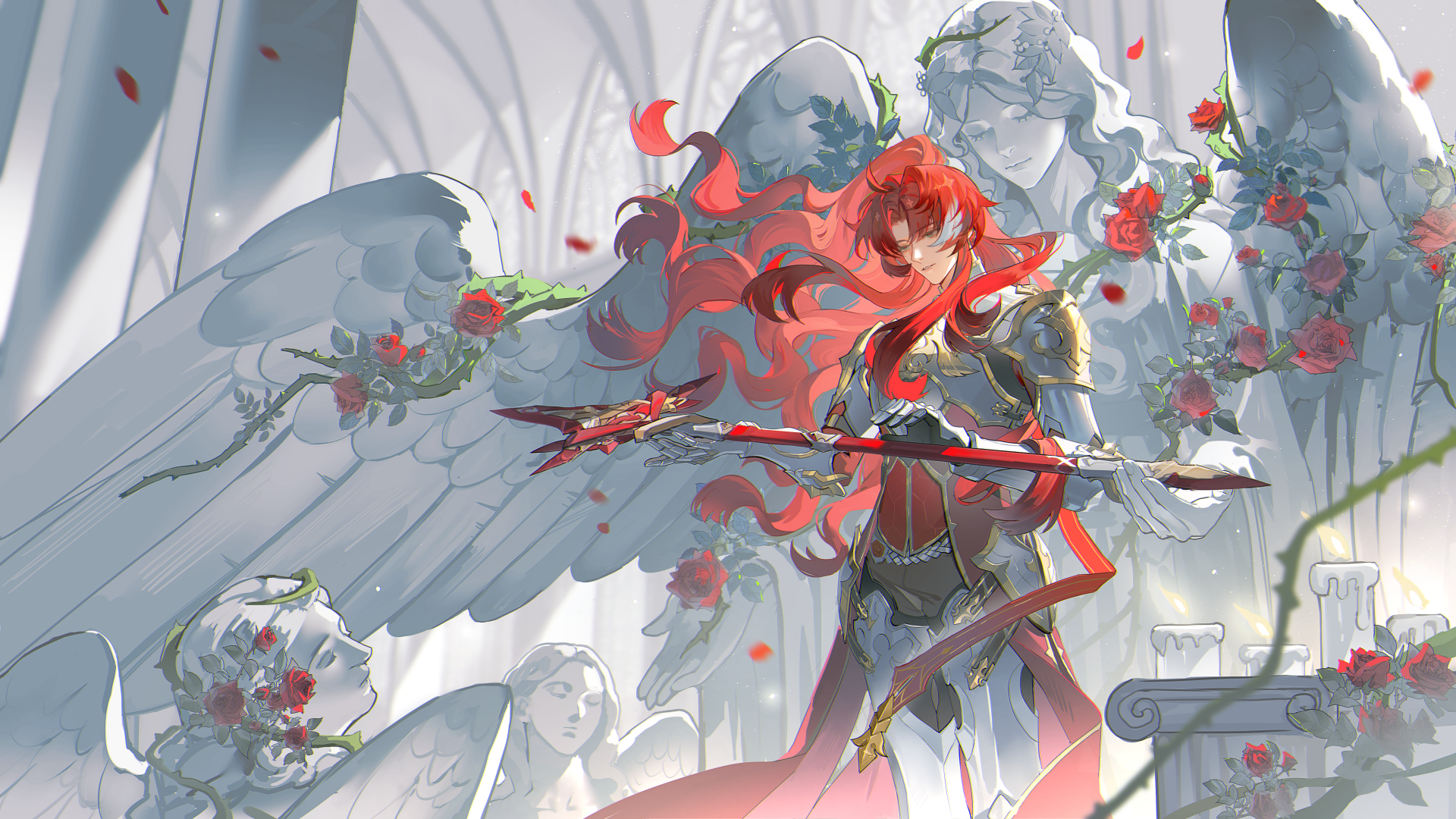 A red-haired male knight from Honkai: Star Rail stands with a glowing weapon, surrounded by white angelic statues and rose petals in a detailed 4K Ultra HD desktop wallpaper.