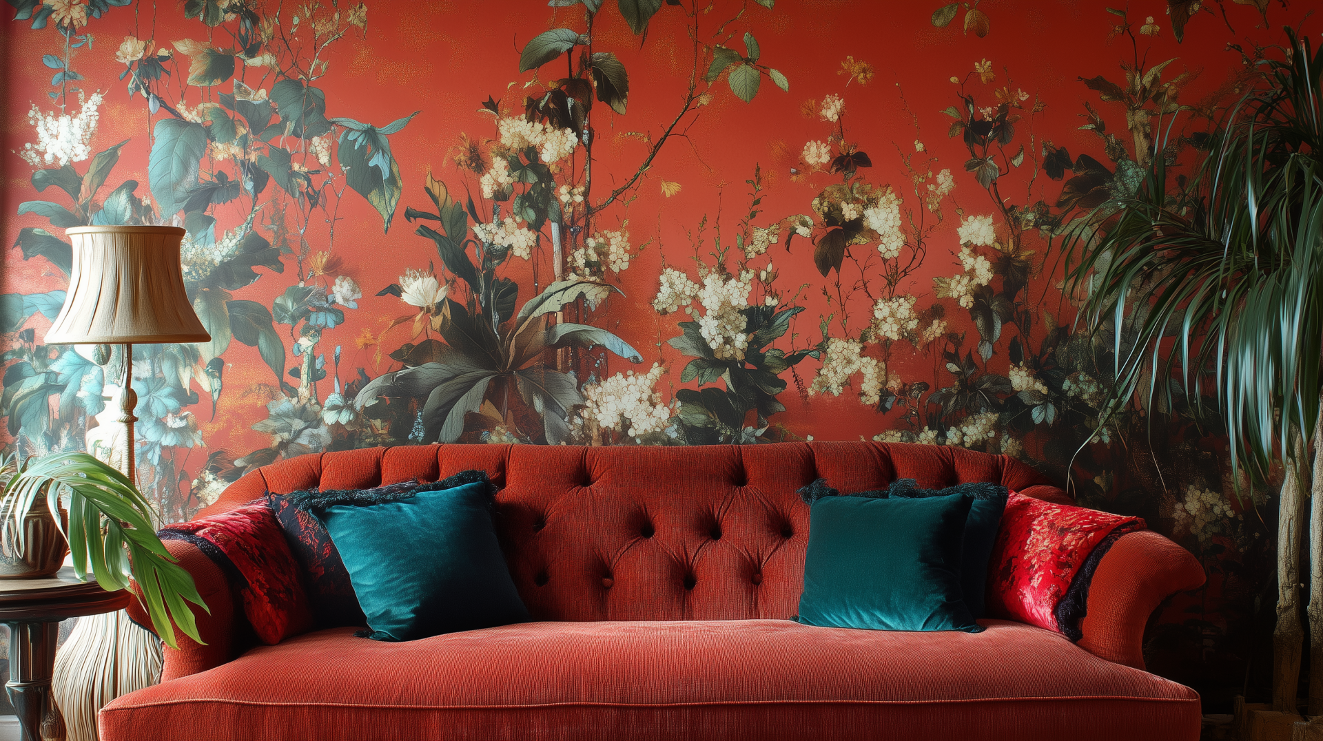 A vibrant red aesthetic featuring an elegant coquette-style armchair, designed as a high-definition desktop wallpaper and background.