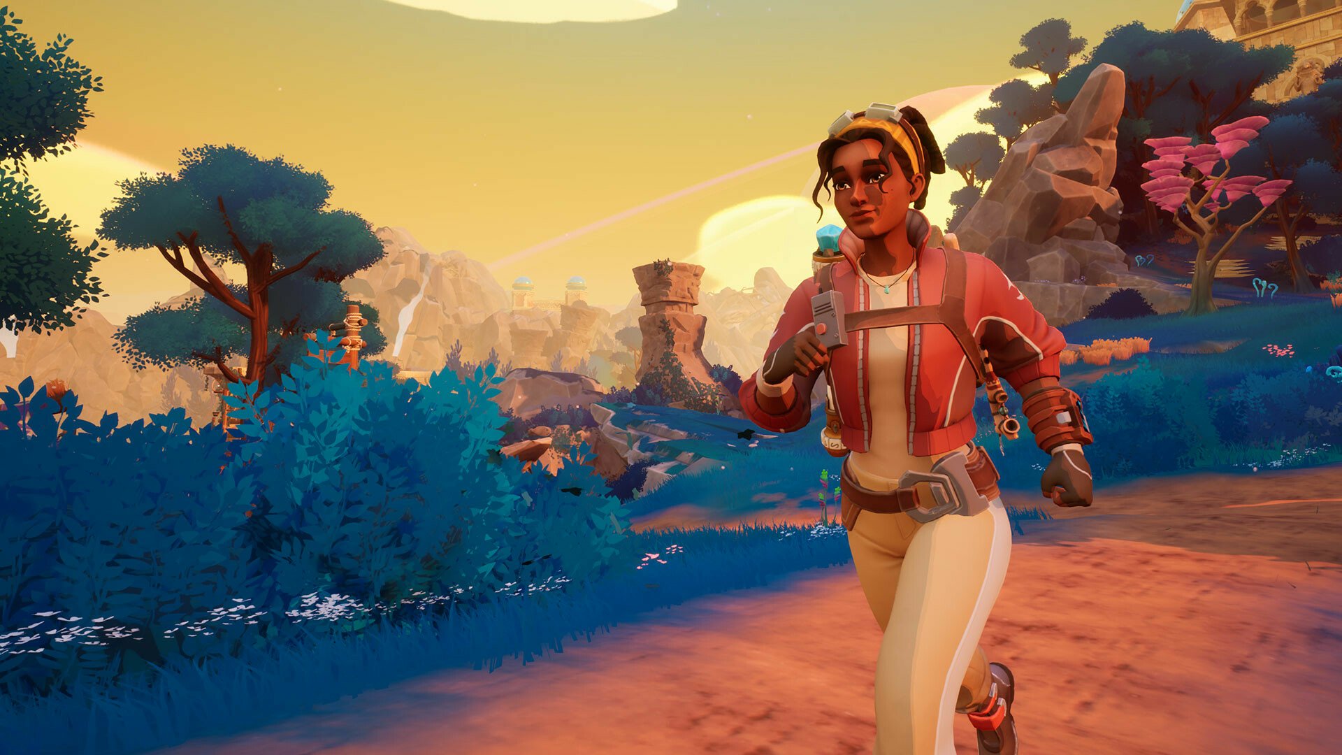 A vibrant HD wallpaper from the video game Creatures of Ava, featuring a character running through a colorful landscape with lush foliage and dramatic rock formations.