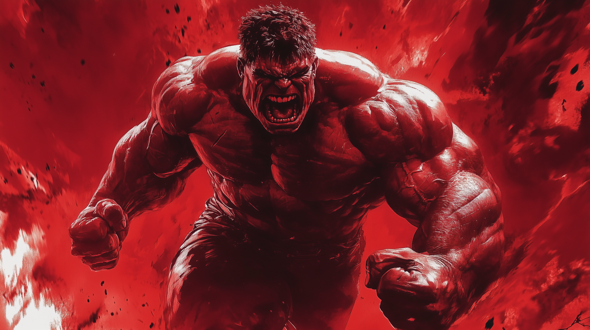A dynamic HD wallpaper featuring Red Hulk from Marvel Comics, showcasing his powerful form and fierce expression against a backdrop of fiery red hues.