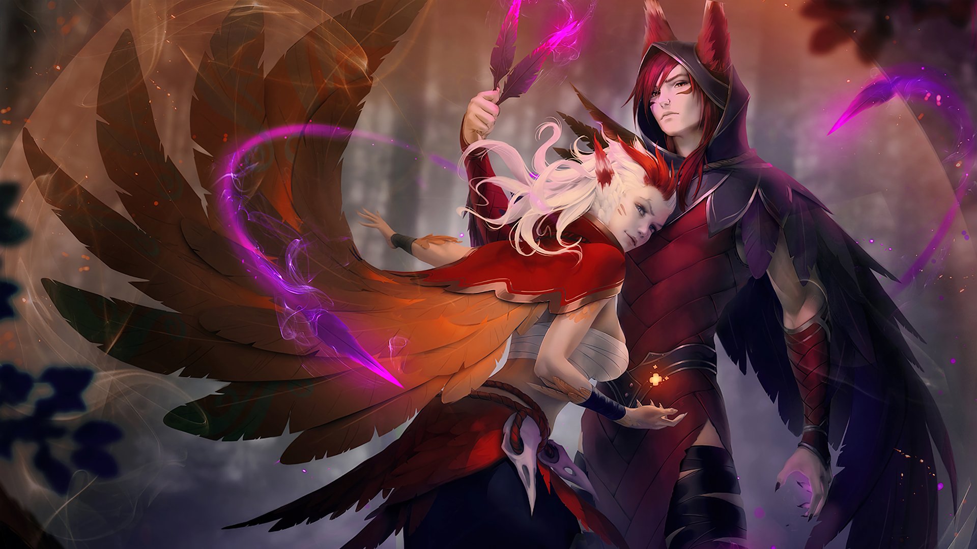 HD desktop wallpaper featuring Xayah and Rakan from League of Legends, showcasing their vibrant designs and dynamic poses in an engaging video game atmosphere.