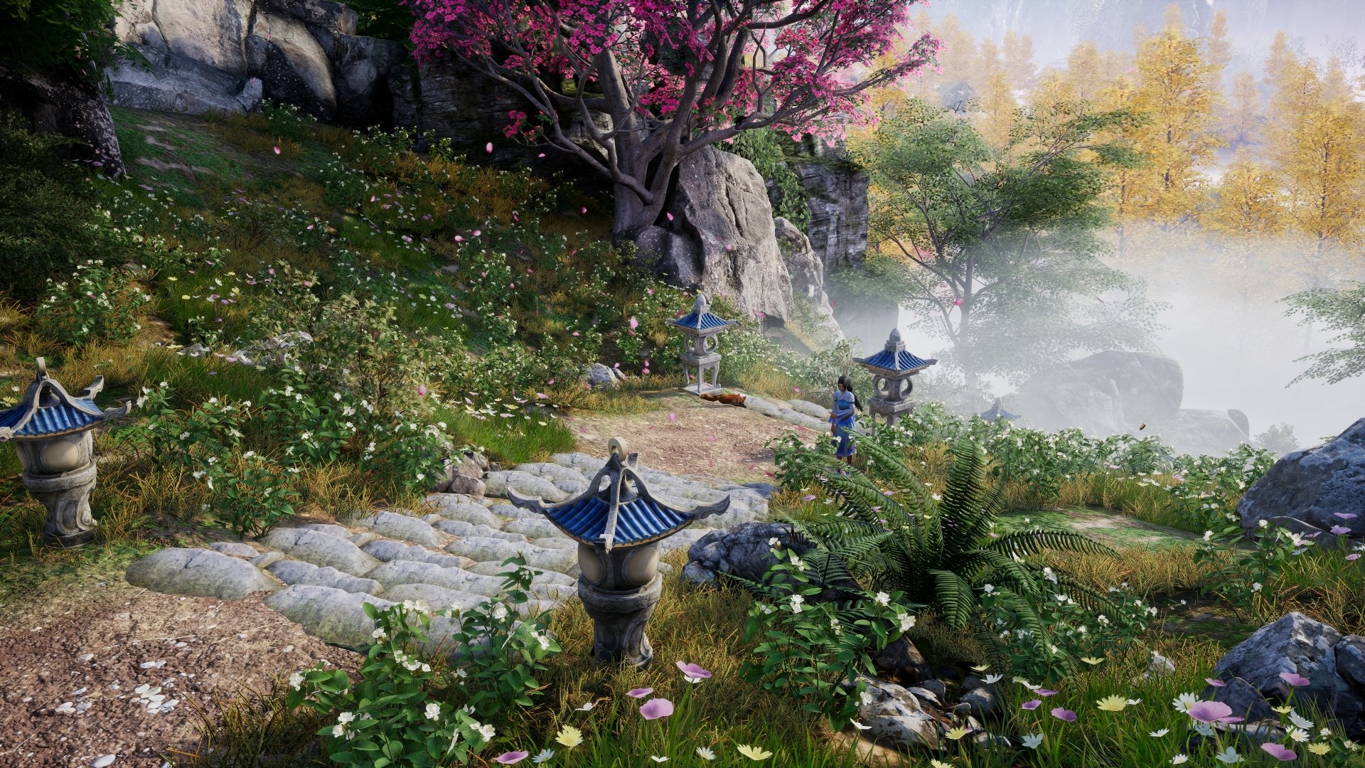 A vibrant landscape from the video game Sword and Fairy 7, featuring lush greenery, cherry blossoms, and misty hills, captured in stunning 4K Ultra HD quality.