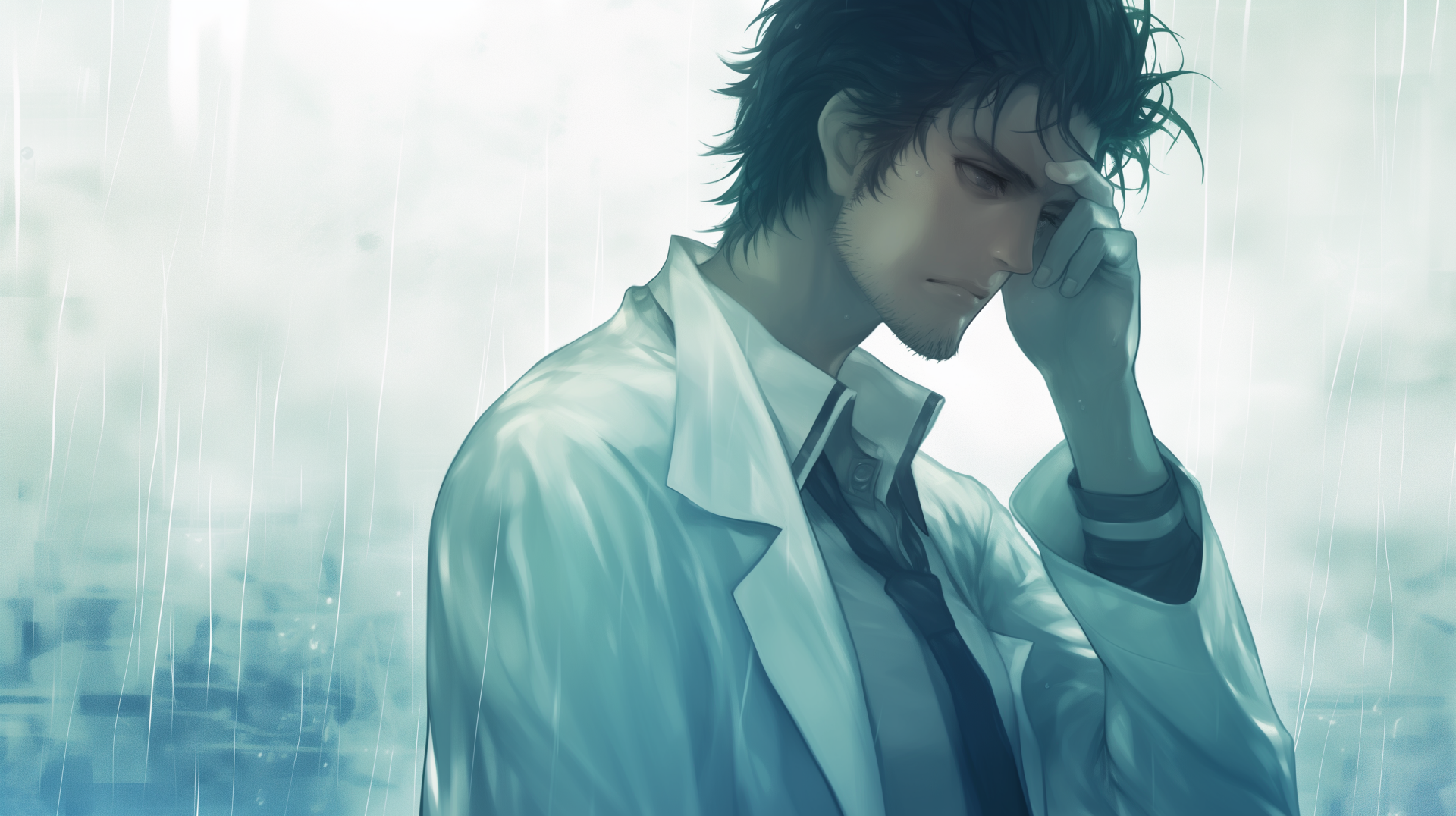 A high-definition desktop wallpaper featuring Rintaro Okabe from Steins;Gate, capturing a poignant moment that reflects the character's sadness in this notable anime.