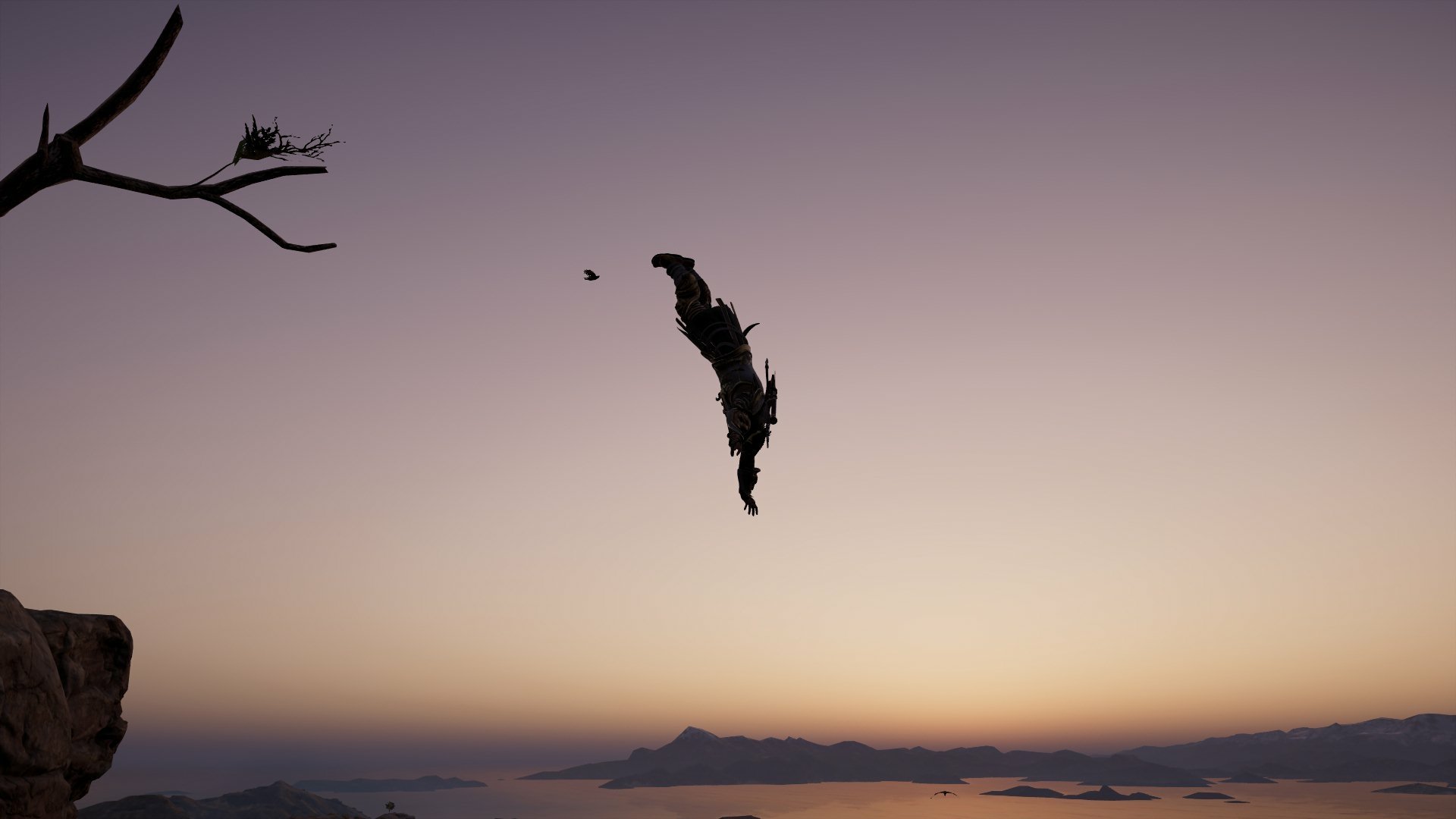 HD PC desktop wallpaper of an Assassin's Creed character mid-air, set against a serene twilight sky with distant mountains and calm waters.