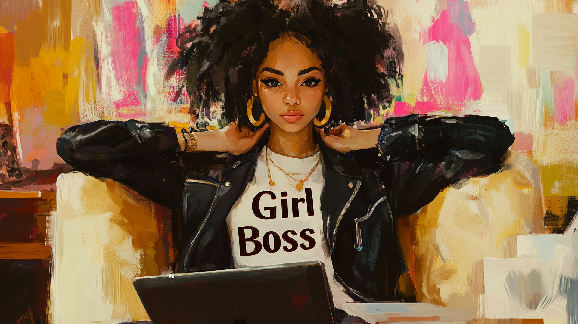 A confident woman with curly hair sits in a cozy space, wearing a Girl Boss shirt, embodying empowerment and style, making this HD wallpaper a vibrant background for any screen.