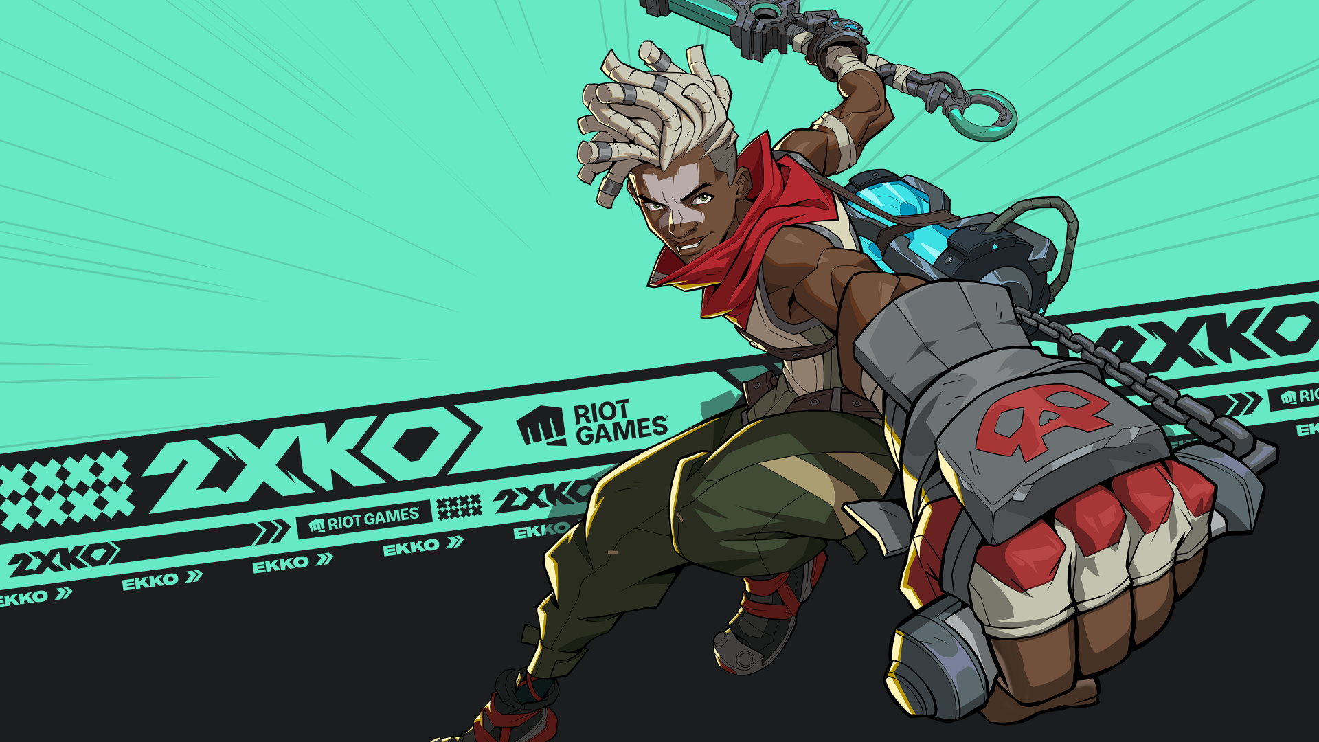 HD desktop wallpaper featuring Ekko from League of Legends in a dynamic pose, embodying the vibrant aesthetics of the video game 2XKO.