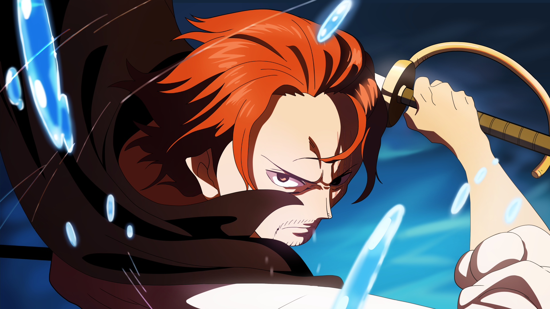 Anime 4K Ultra HD PC desktop wallpaper of One Piece's Shanks lunging with sword, red hair and black cloak, fierce glare and swirling blue energy effects.