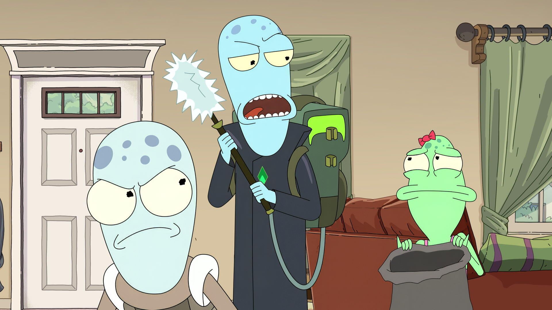 HD desktop wallpaper featuring characters from the TV show Solar Opposites, showcasing animated aliens in a humorous domestic setting.