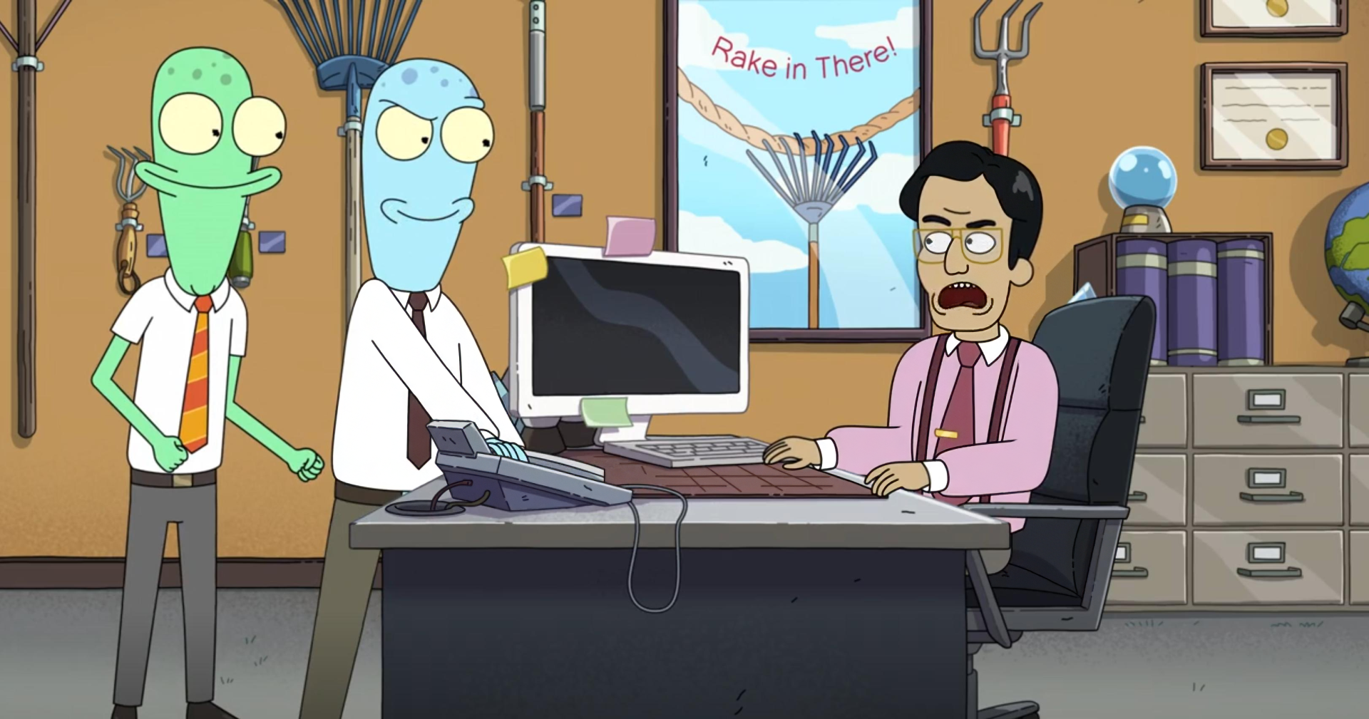 Two animated aliens with blue skin and dressed in shirts interact playfully with a worried man in a suit at a desk, set in an office from the TV show Solar Opposites.