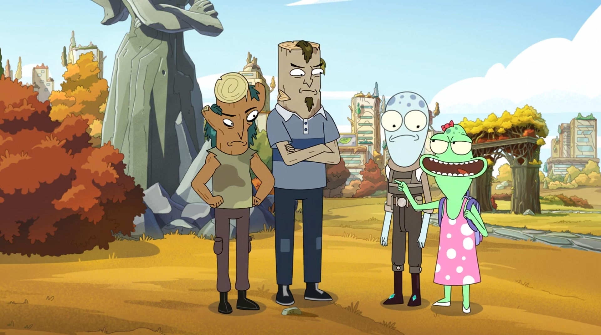 Digital artwork from the TV show *Solar Opposites*, featuring four animated characters in a whimsical outdoor setting, highlighting their quirky expressions and vibrant colors.