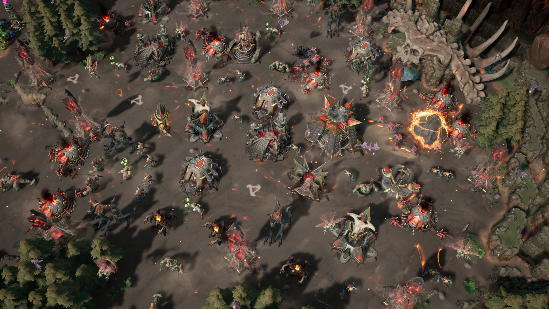 An HD desktop wallpaper featuring an intricately designed battlefield from the video game Stormgate, showcasing various structures and a dynamic, strategic environment.