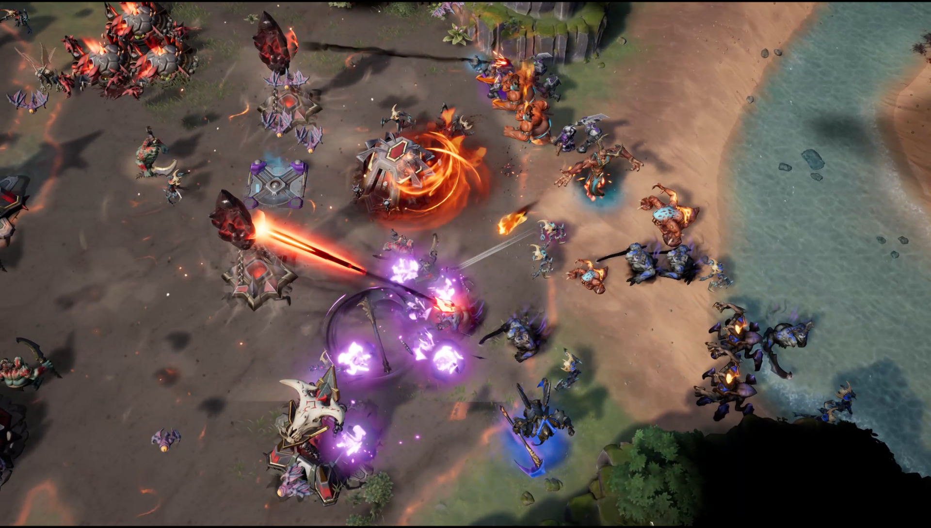 An action-packed scene from Stormgate, showcasing intense battles with vibrant energy effects and strategic gameplay elements, designed as an HD desktop wallpaper.