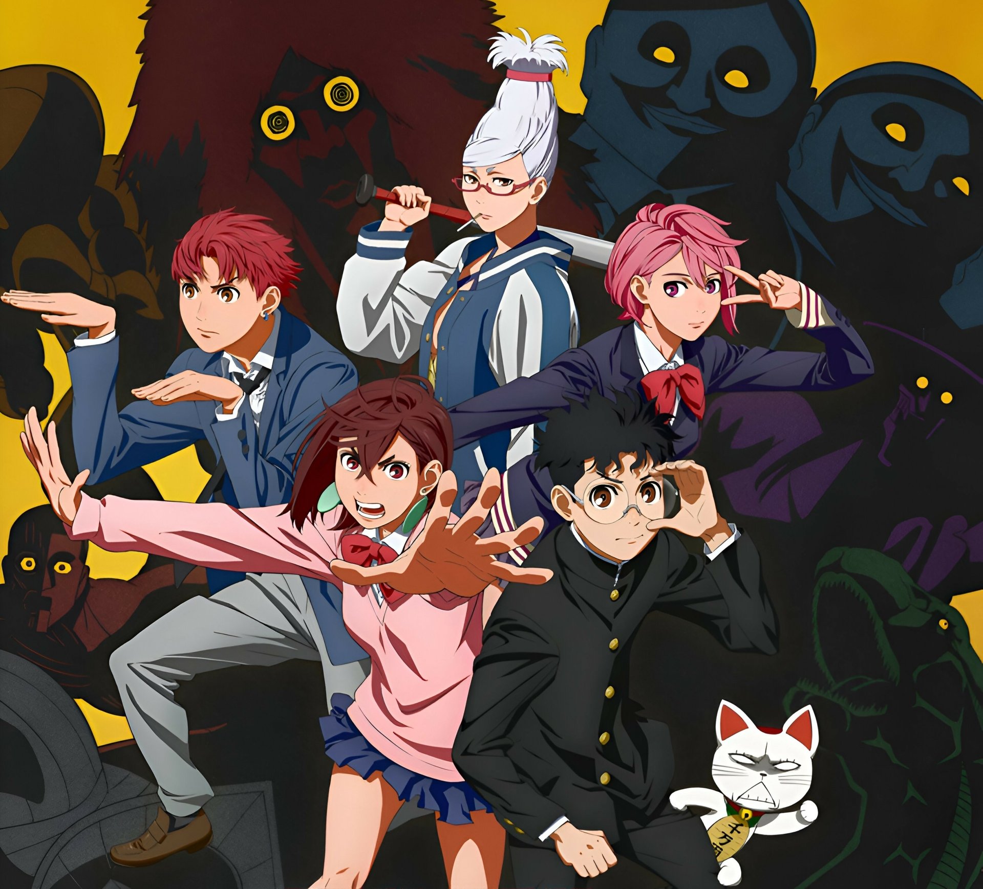 HD anime wallpaper featuring characters Momo Ayase and Ken Takakura from Dandadan, showcasing dynamic poses and vibrant colors on a dark background.