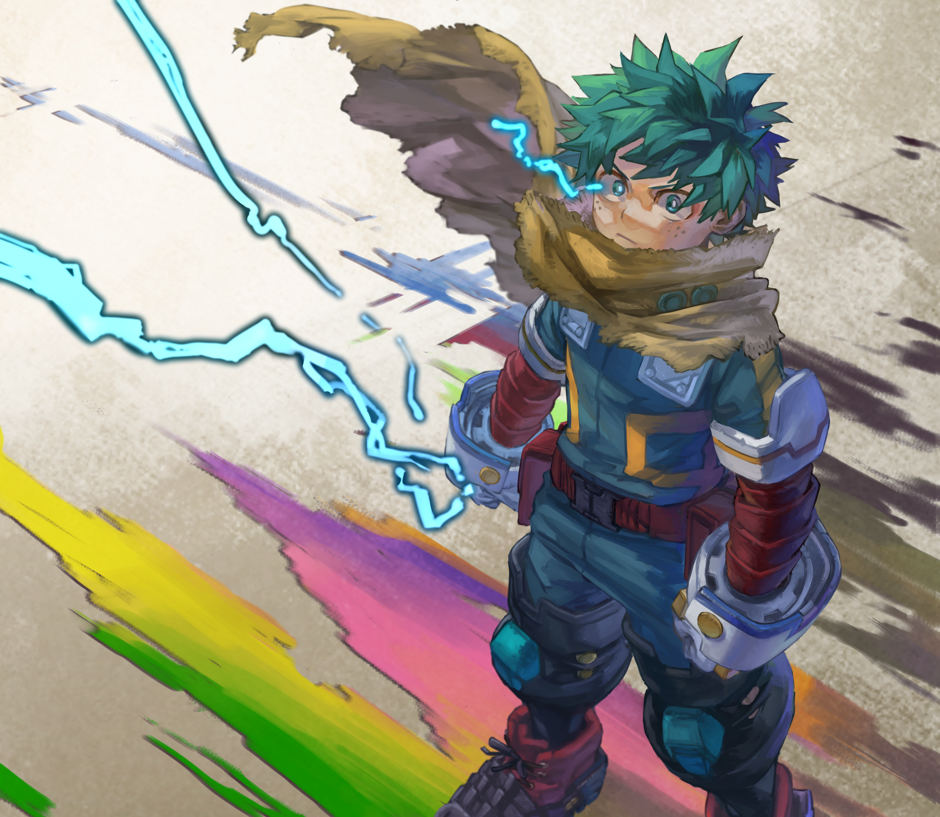HD anime desktop wallpaper featuring Izuku Midoriya from My Hero Academia with dynamic lightning effects and a vibrant, colorful background.