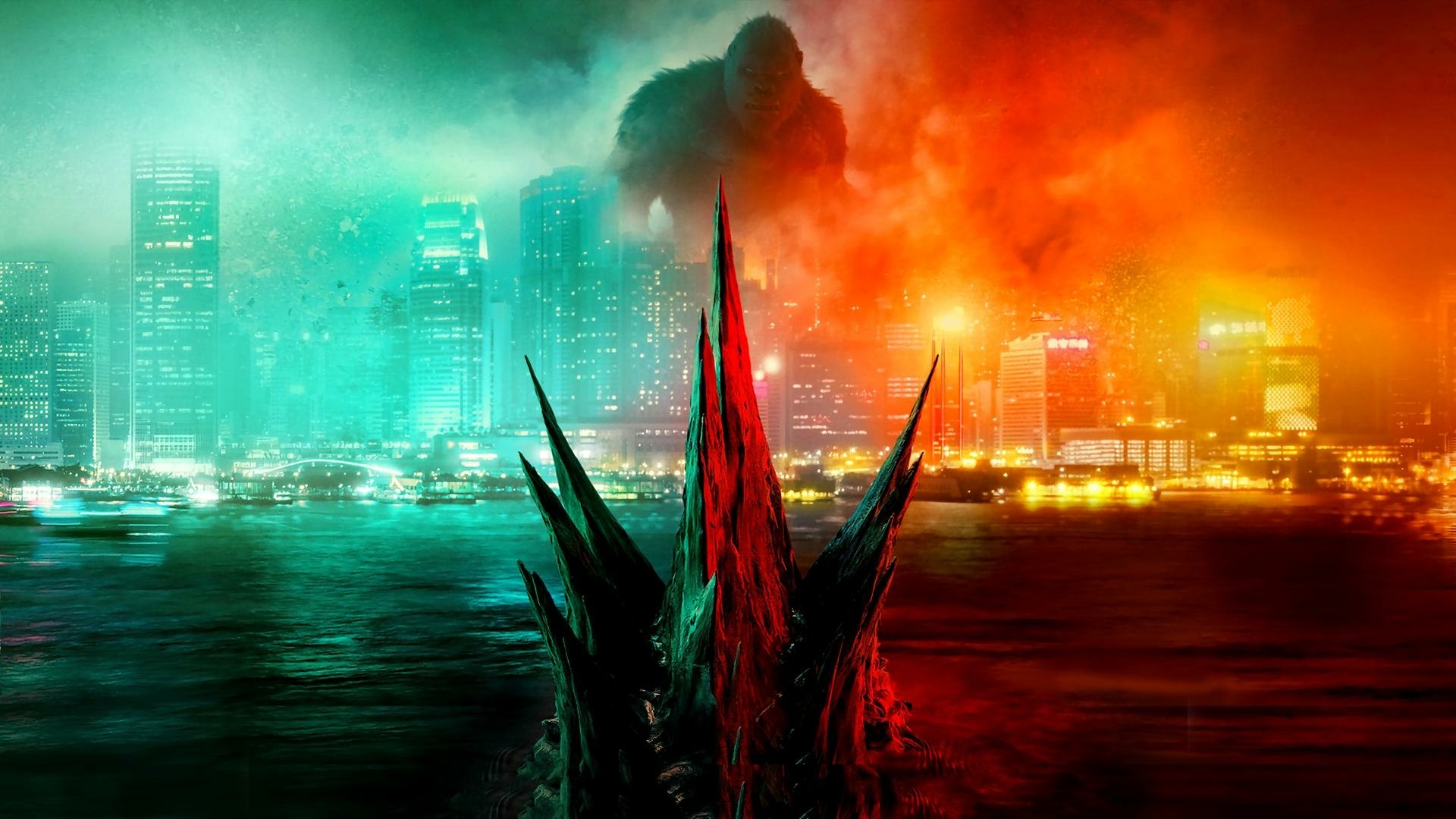 HD PC desktop wallpaper depicting Godzilla's spiked back in the foreground with Kong’s silhouette against a glowing city skyline in the background, inspired by Godzilla vs Kong.