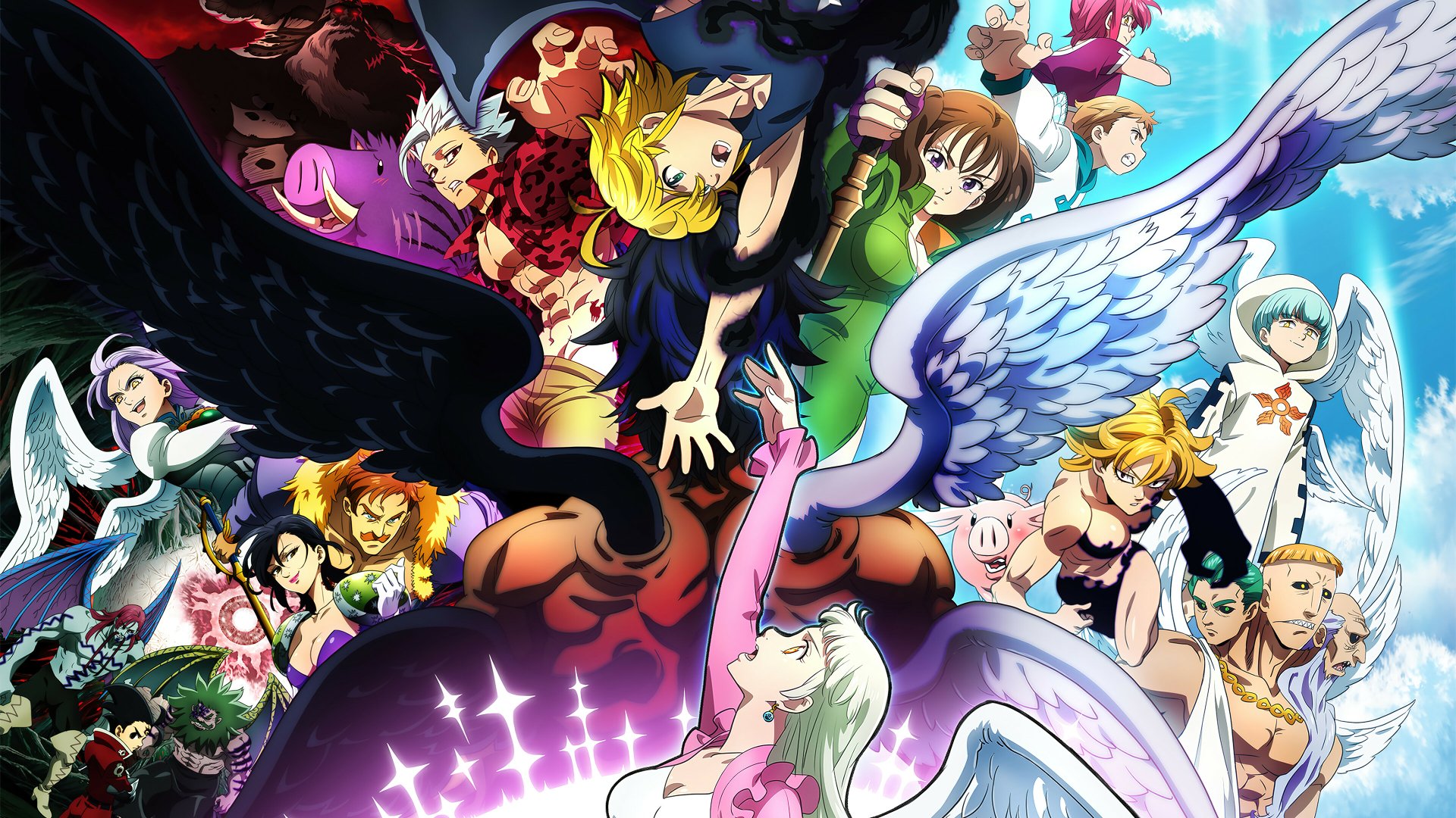 Vibrant 4K Ultra HD desktop wallpaper featuring characters from The Seven Deadly Sins anime, showcasing dynamic poses and colorful, detailed backgrounds.
