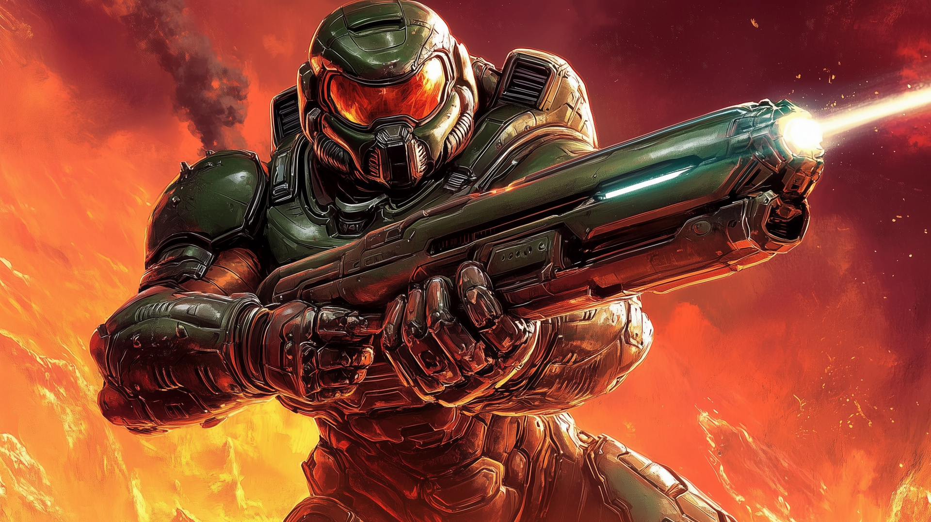 A striking HD desktop wallpaper featuring a character from the video game Doom, wielding a weapon, surrounded by fiery explosions in a dynamic and intense scene.