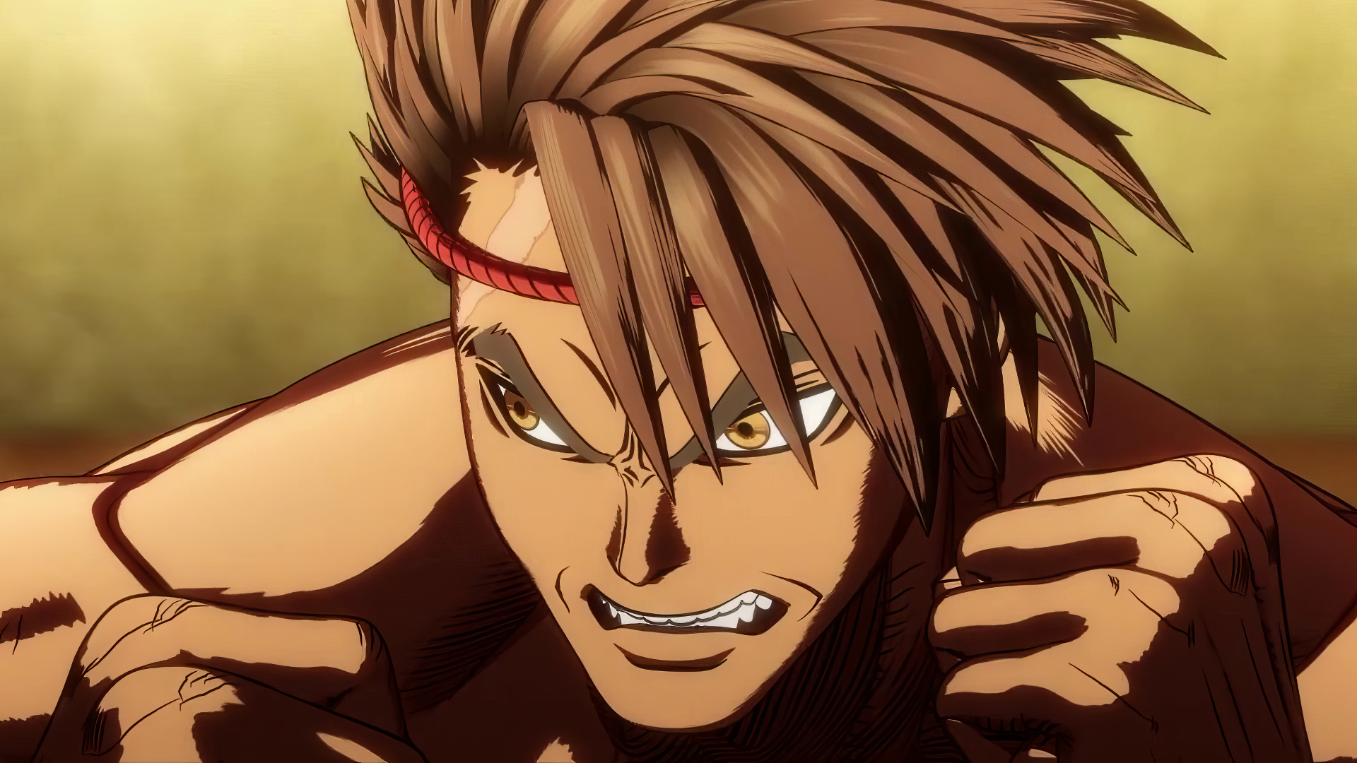 A powerful character from Kengan Ashura, captured in a dynamic pose, showcasing intense expression and detailed anime art in this HD desktop wallpaper.