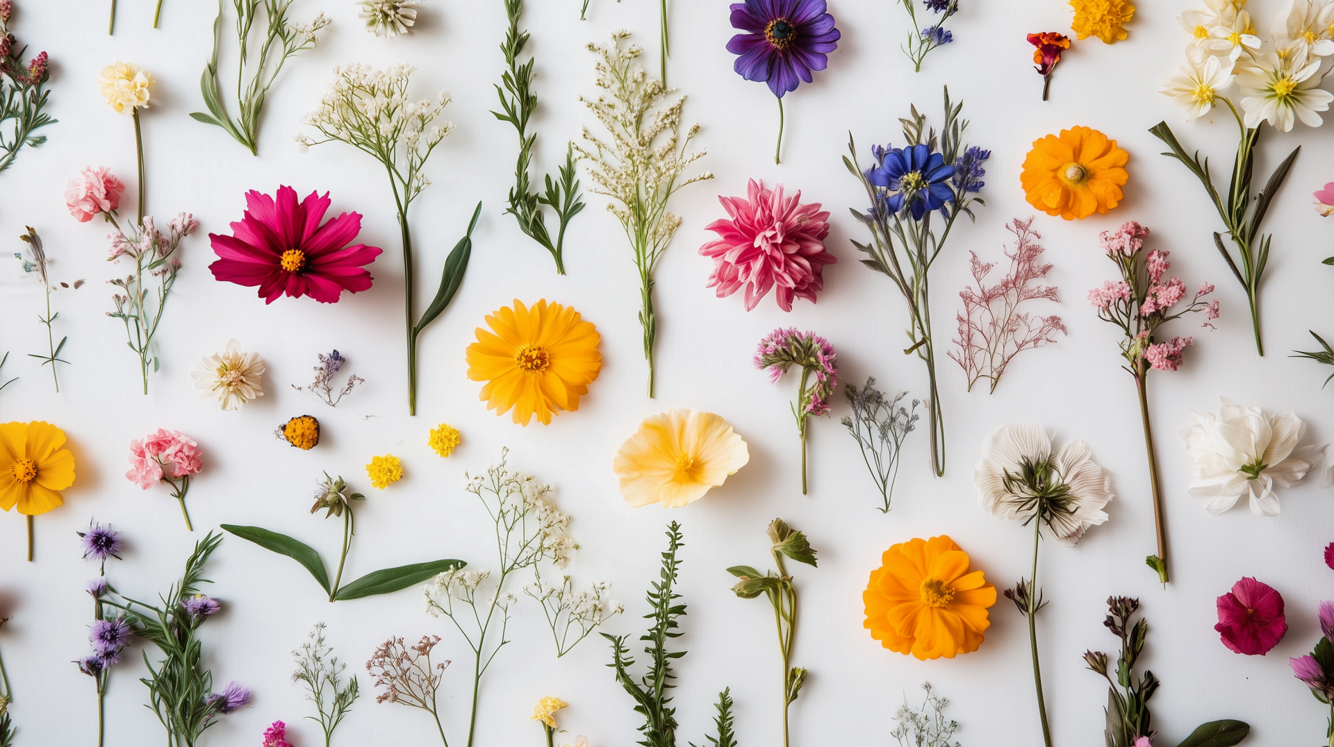 A vibrant collection of pressed flowers in various colors arranged artistically on a white background, creating an elegant HD desktop wallpaper or background.