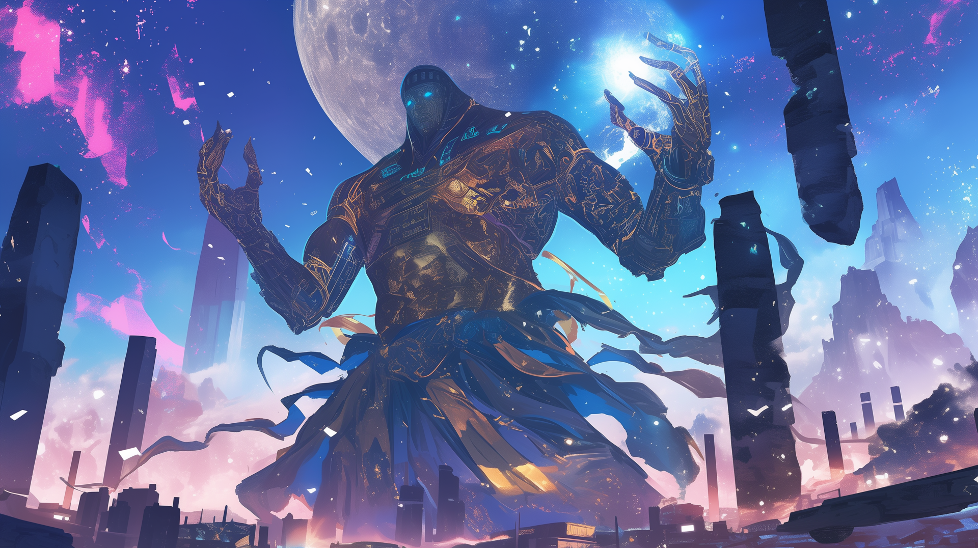 A majestic pharaoh-like god towers over a vibrant, futuristic landscape, radiating power and mystery against a cosmic backdrop, featuring a large moon and ethereal structures.