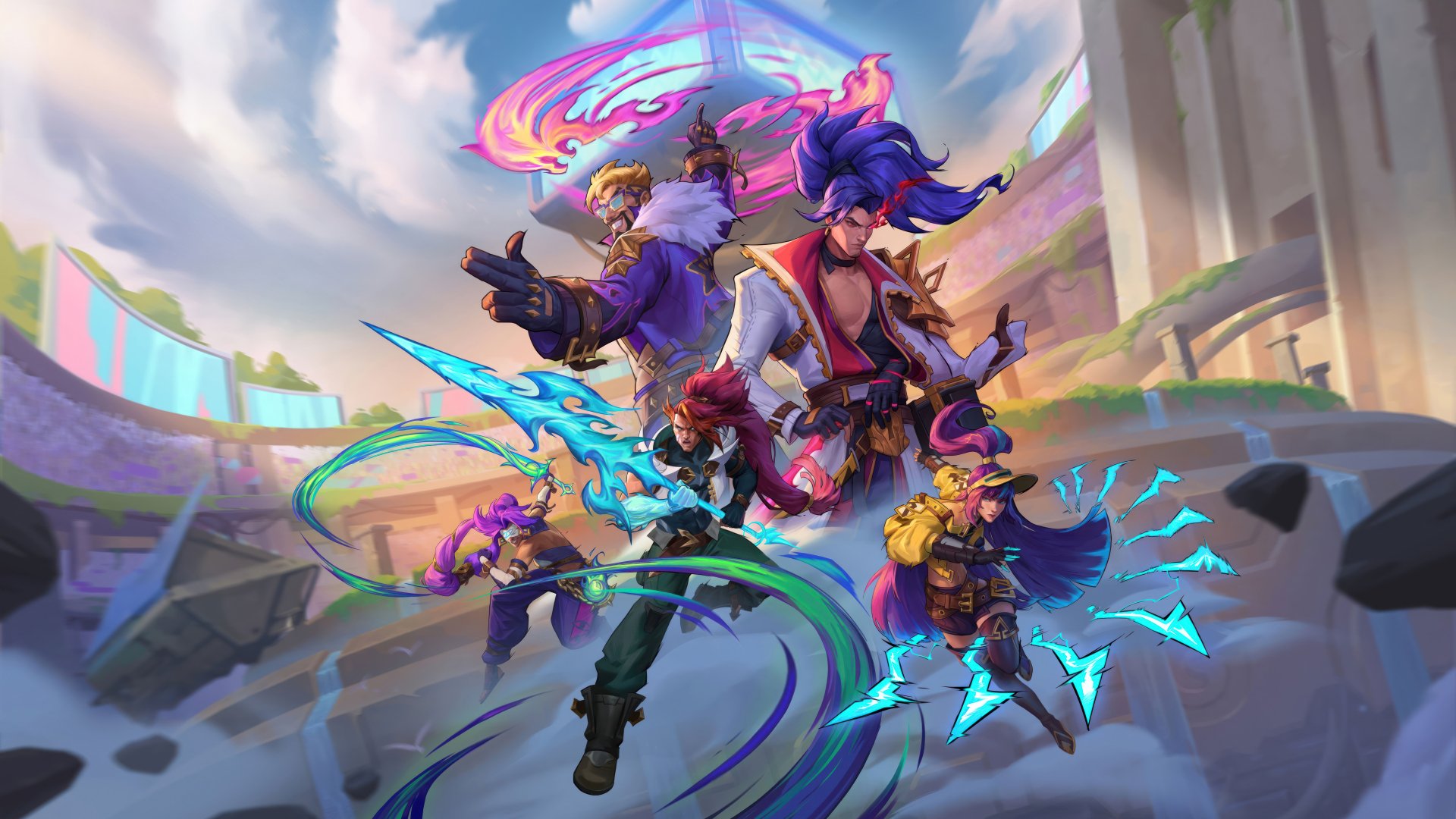 High-definition wallpaper featuring characters from League of Legends: Nilah, Yasuo, Draven, and Xin Zhao, showcasing their dynamic and vibrant designs.