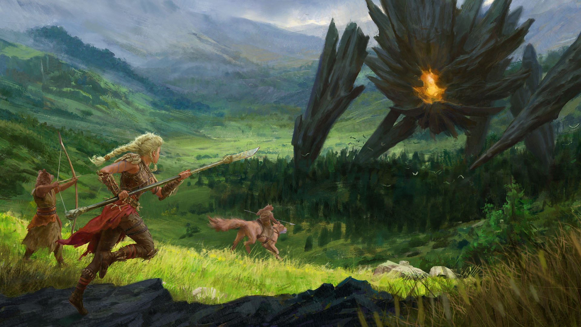 A dynamic scene from Guild Wars 2: Janthir Wilds showcasing a warrior and companions confronting a towering creature against a lush, mountainous backdrop. HD desktop wallpaper.