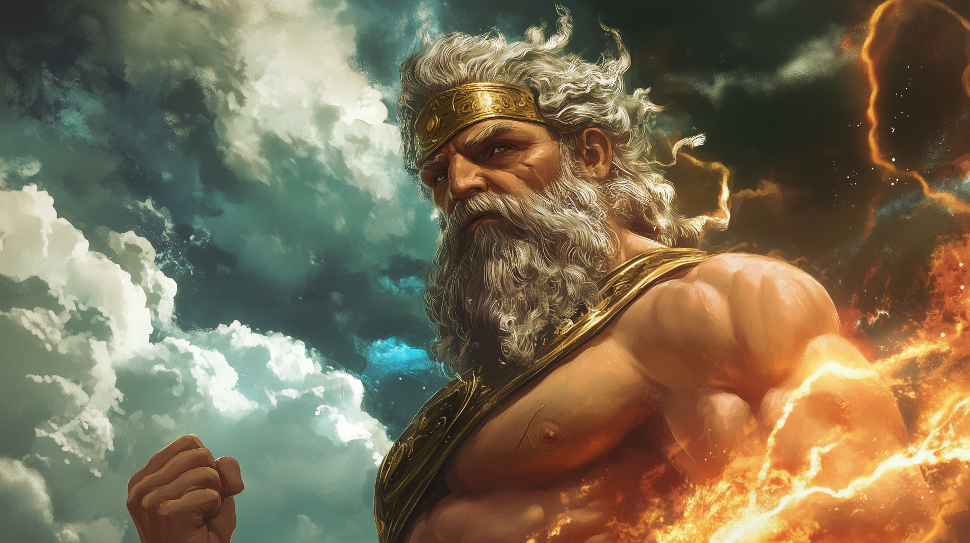 An HD desktop wallpaper featuring Zeus, the Greek god, depicted with a powerful stance, surrounded by dramatic clouds and striking lightning, embodying strength and majesty.