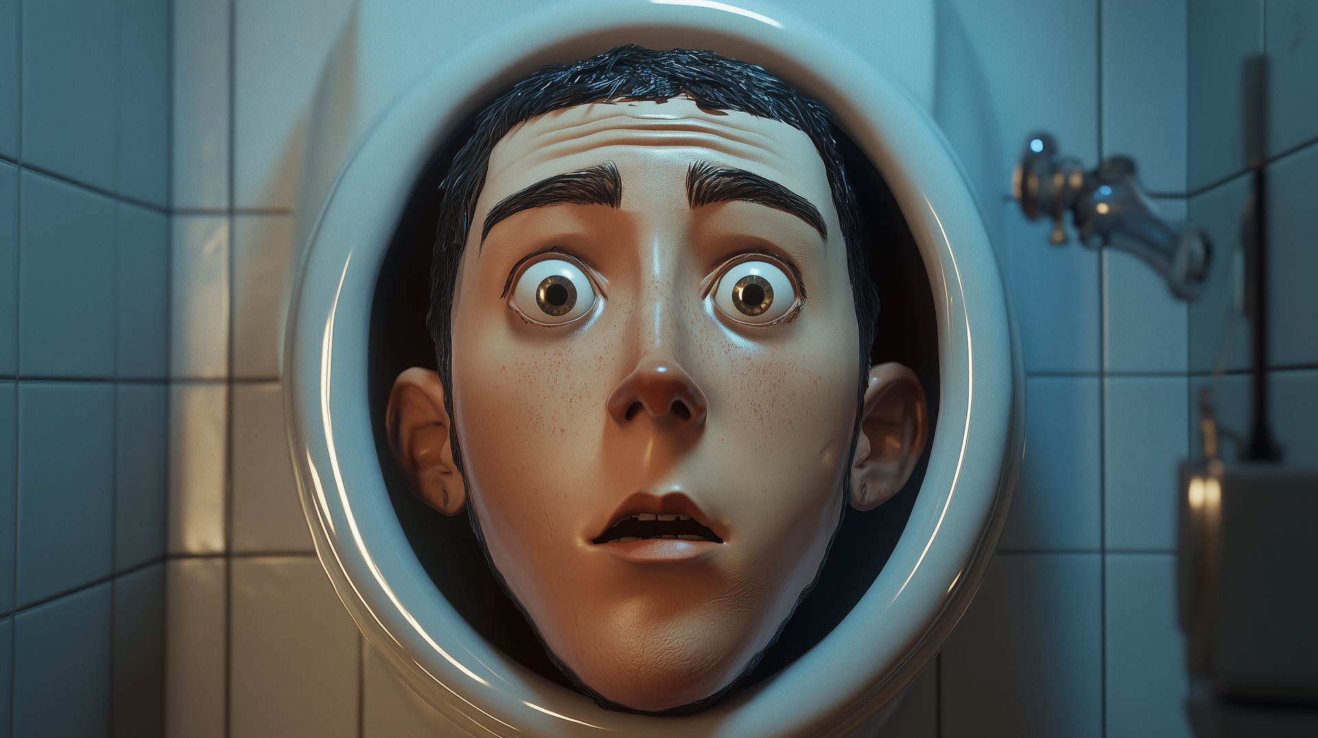 A surreal HD PC desktop wallpaper featuring a character's face emerging from a toilet, inspired by the skibidi toilet concept. The striking imagery captivates with its unique design.