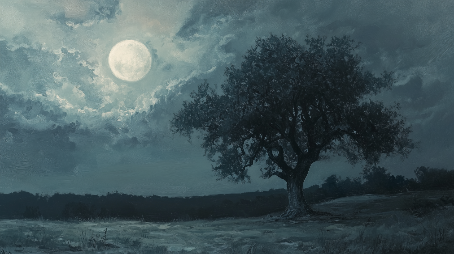 A serene moonlit sky featuring a vivid full moon illuminating a solitary tree against a tranquil landscape, creating a stunning HD desktop wallpaper background.