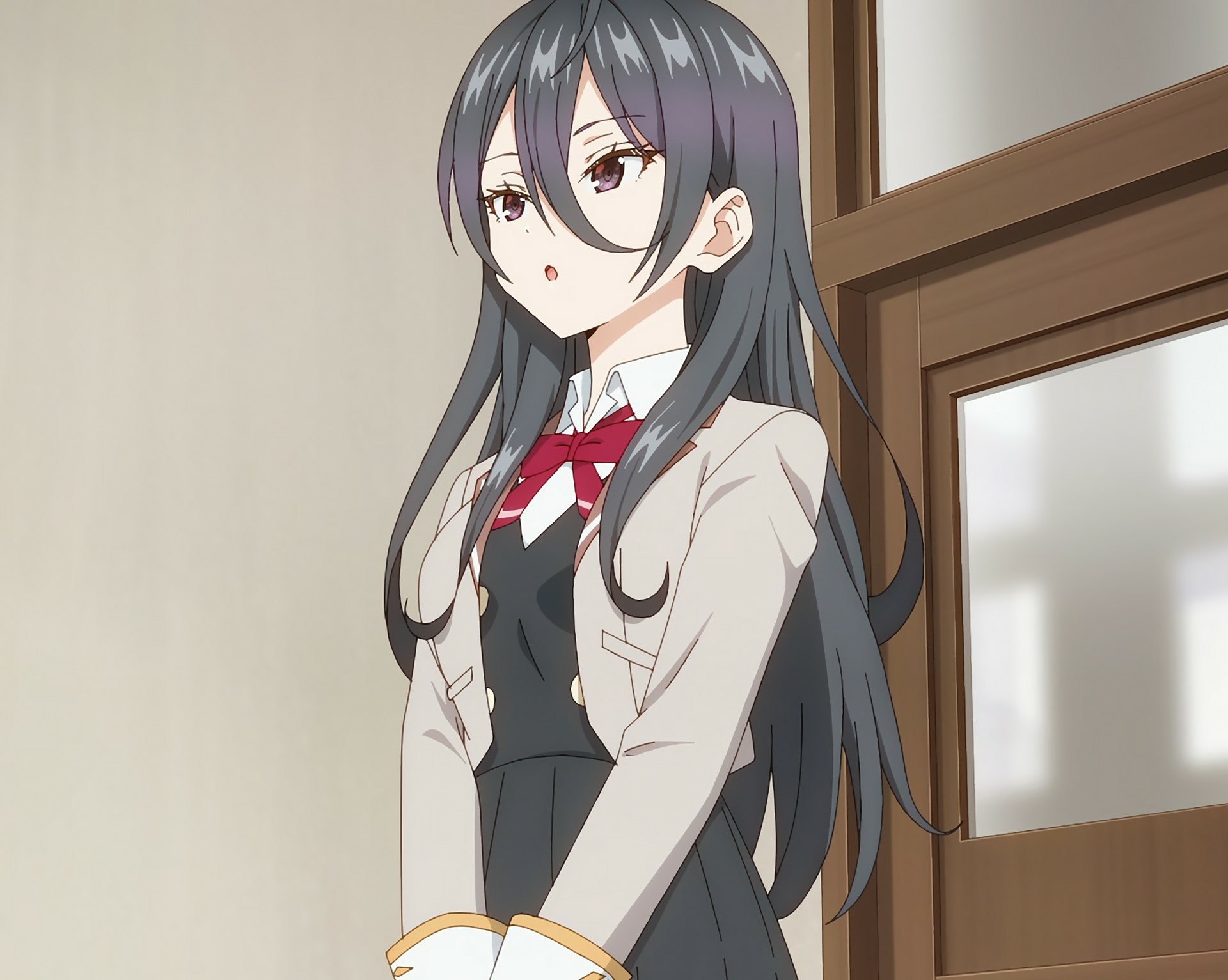 HD anime PC wallpaper: Ayano Kimishima from Alya Sometimes Hides Her Feelings in Russian, standing in a school hallway in a dark uniform with a red ribbon.