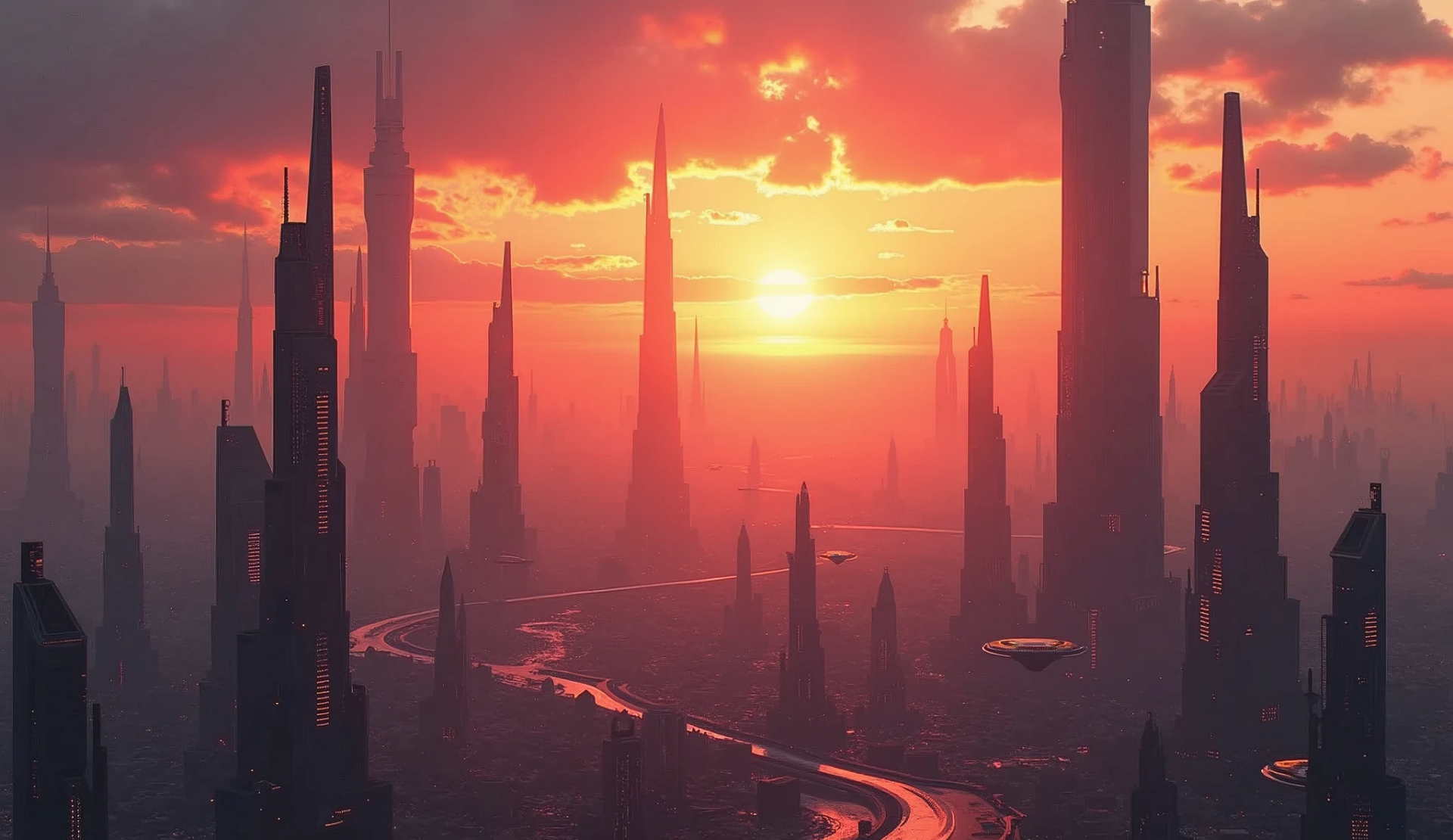 HD sci-fi cityscape at sunset with towering futuristic skyscrapers and glowing lights, creating a vivid and immersive sci-fi desktop wallpaper background.